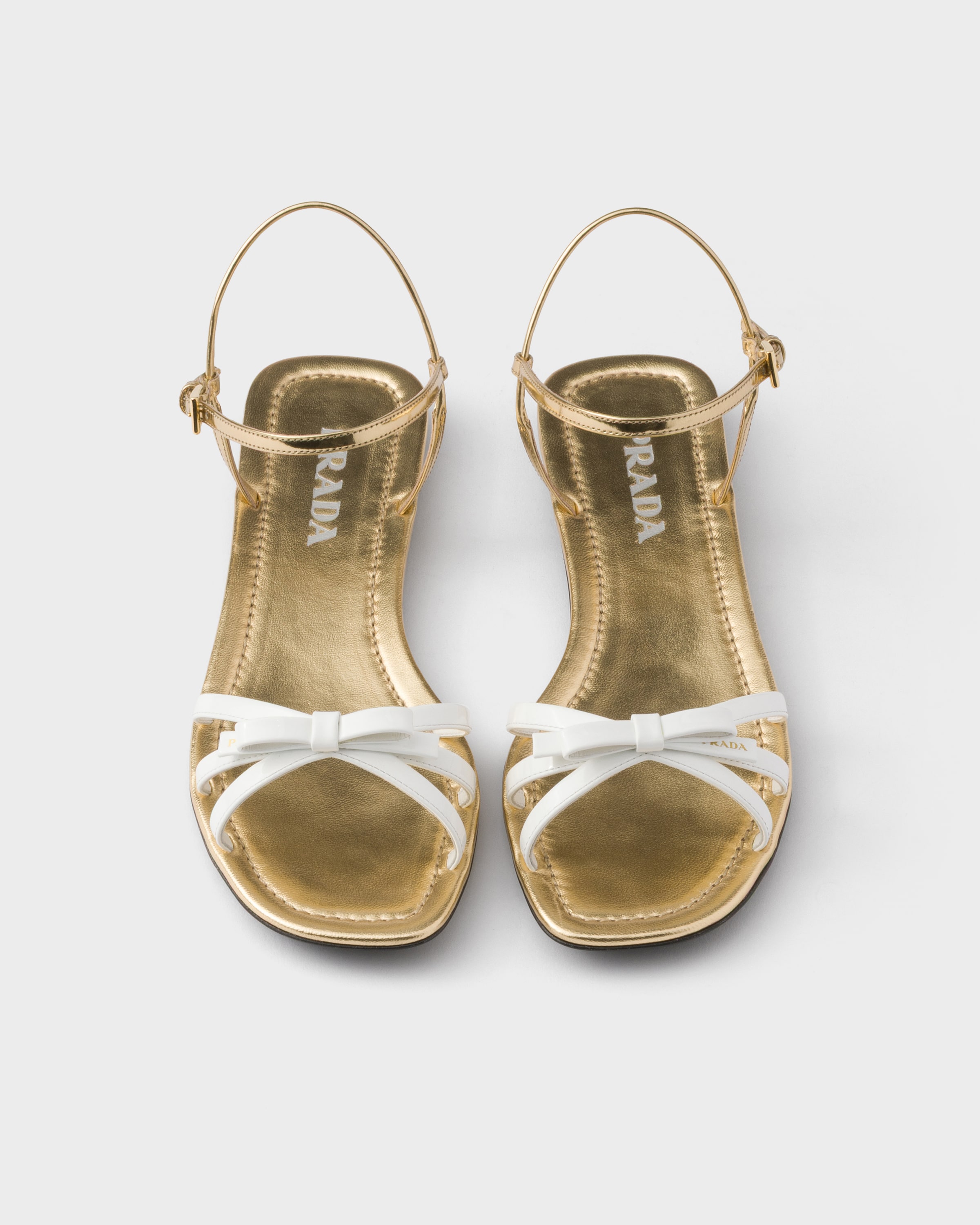 White Flat Patent And Metallic Leather Sandals | PRADA - United States