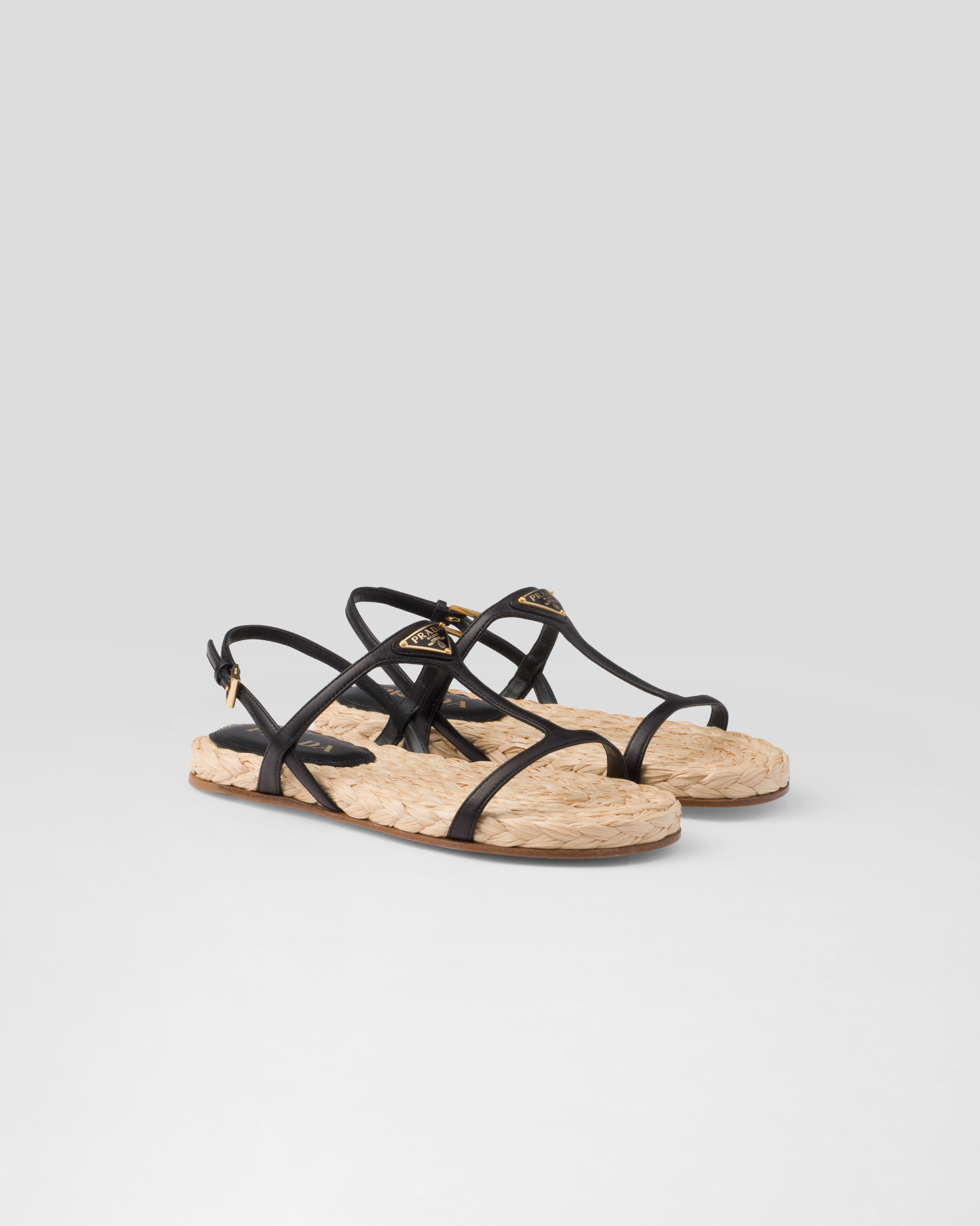 Prada Triangle Logo Raffia And Leather Flat Sandals In Black