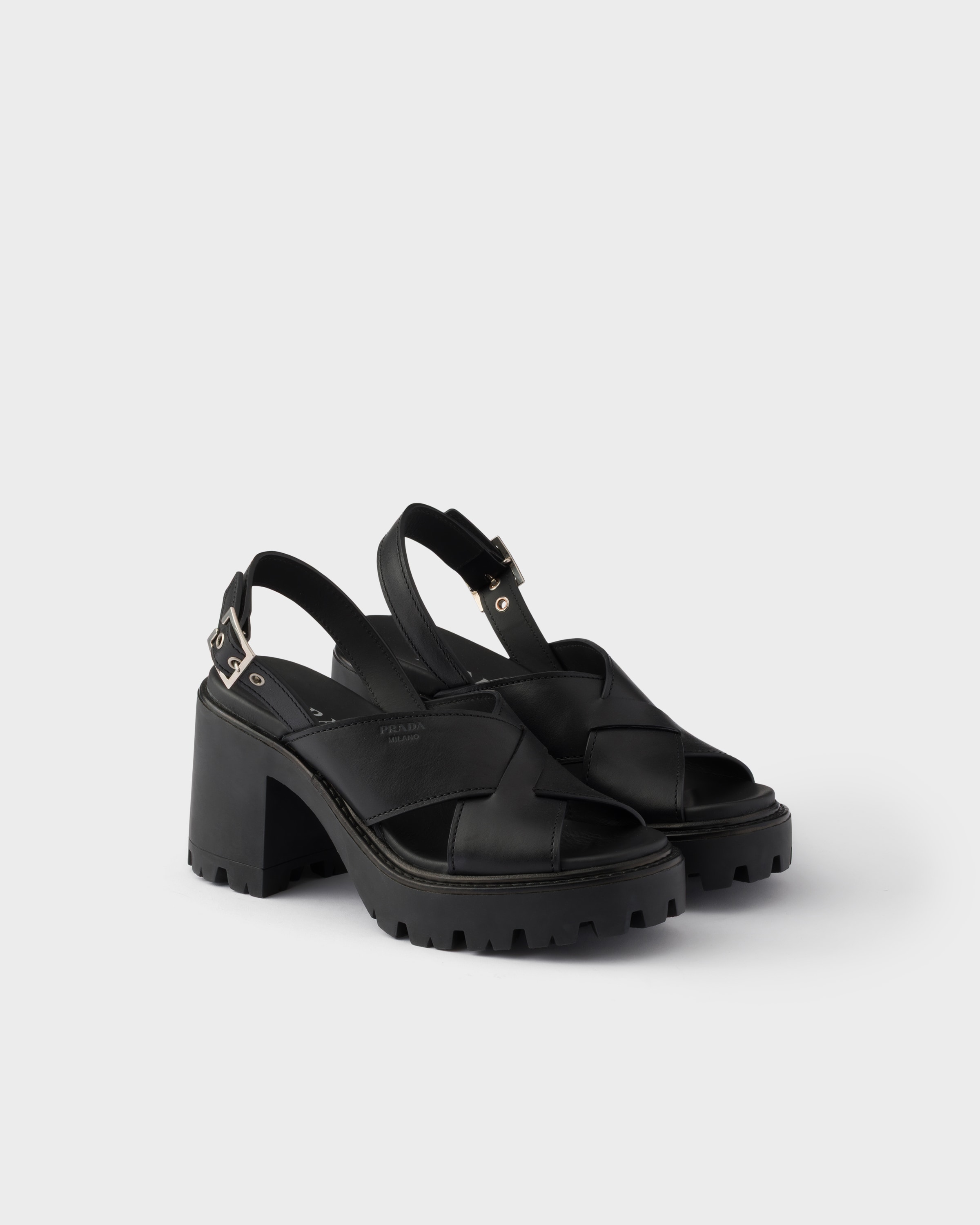 ブラック クロスレザー プラットフォームサンダル | PRADA - 日本