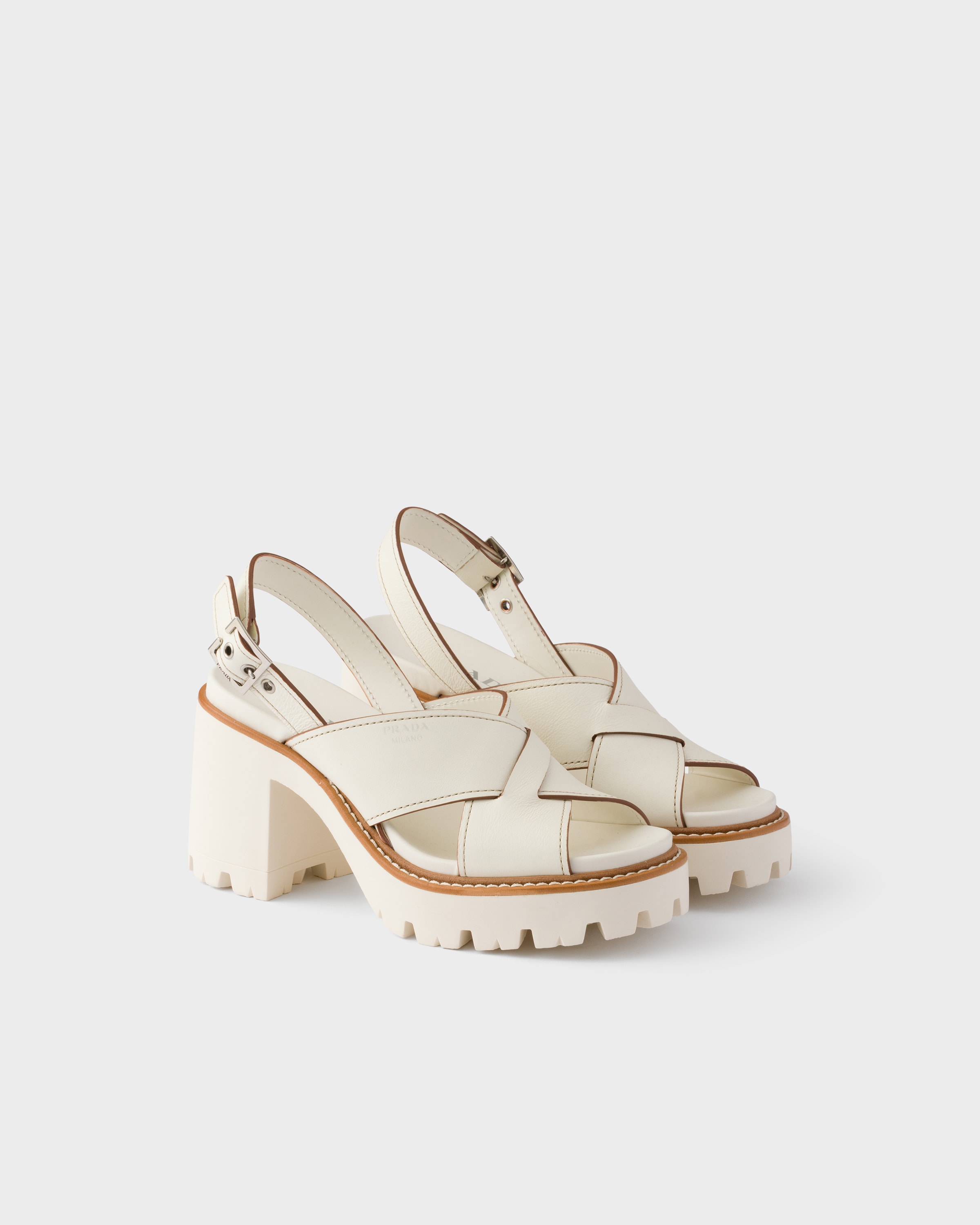 Chalk White Crisscross Leather Platform Sandals | PRADA - South Korea