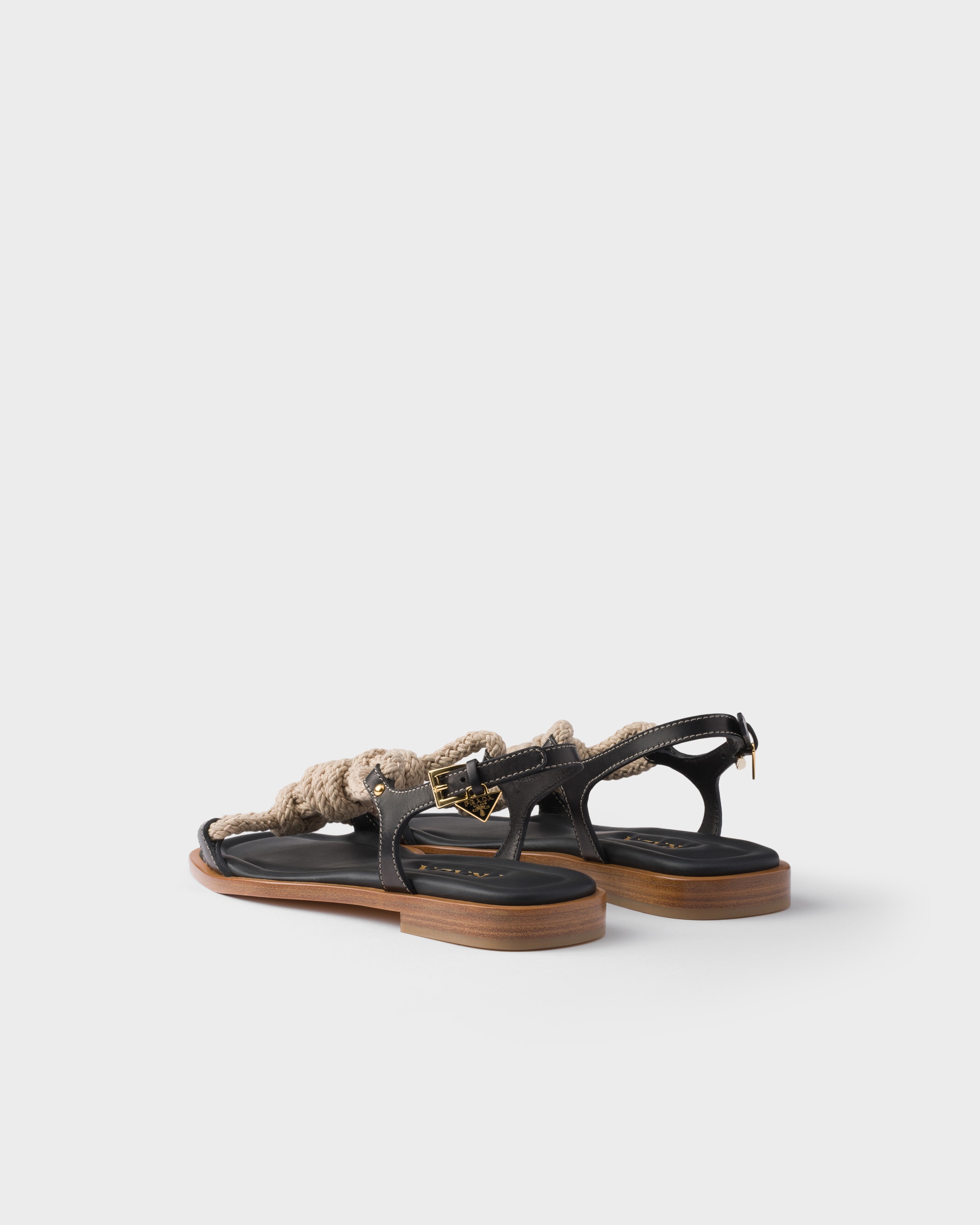 Prada Flat Leather And Cord Sandals In Brown