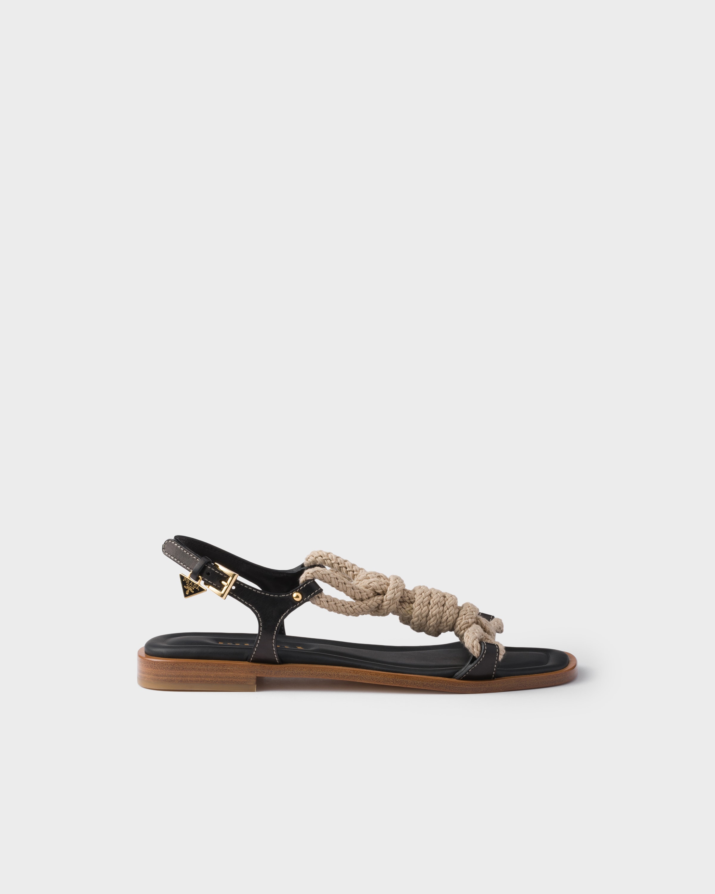 Prada Flat Leather And Cord Sandals In Brown