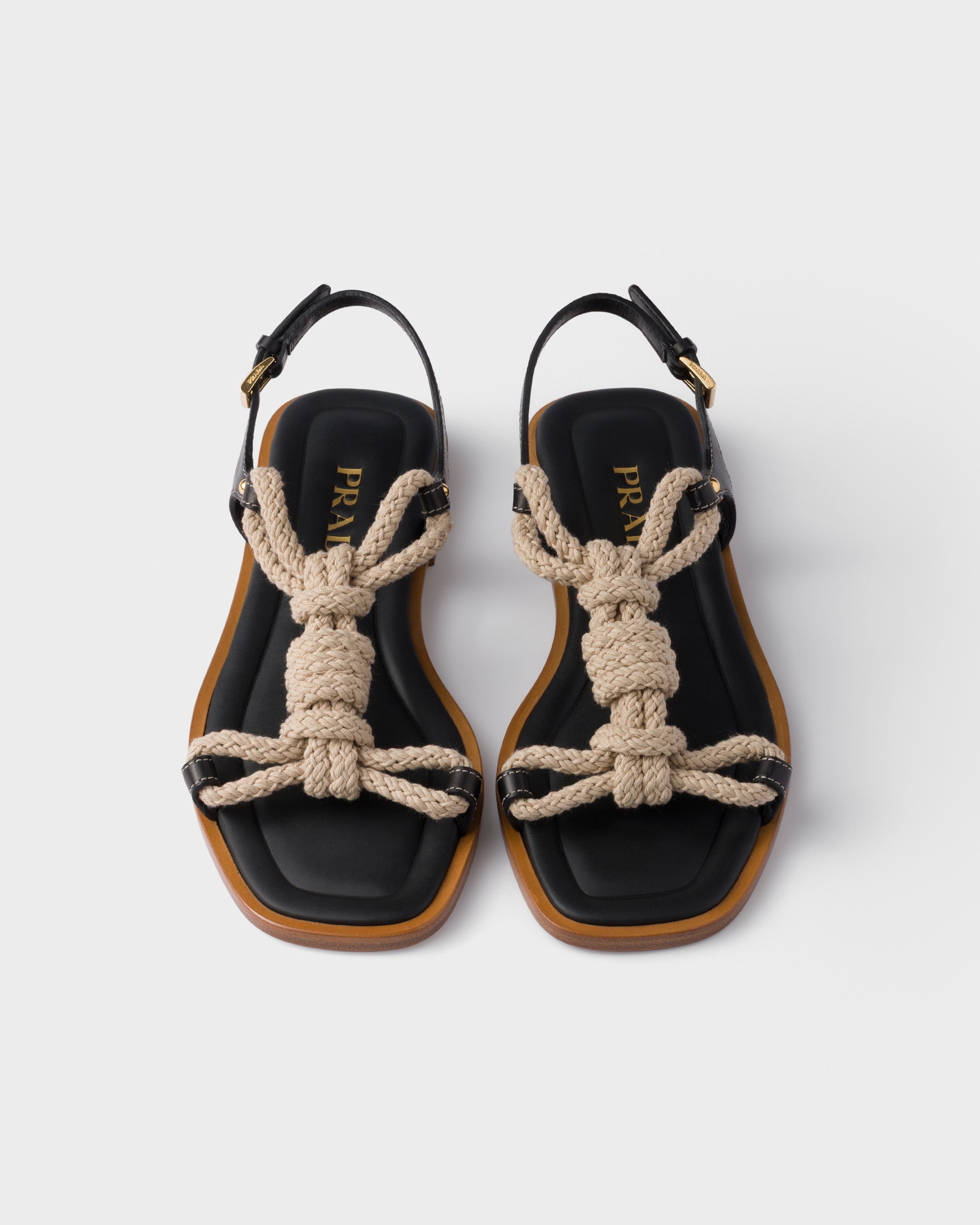 Prada Flat Leather And Cord Sandals In Brown