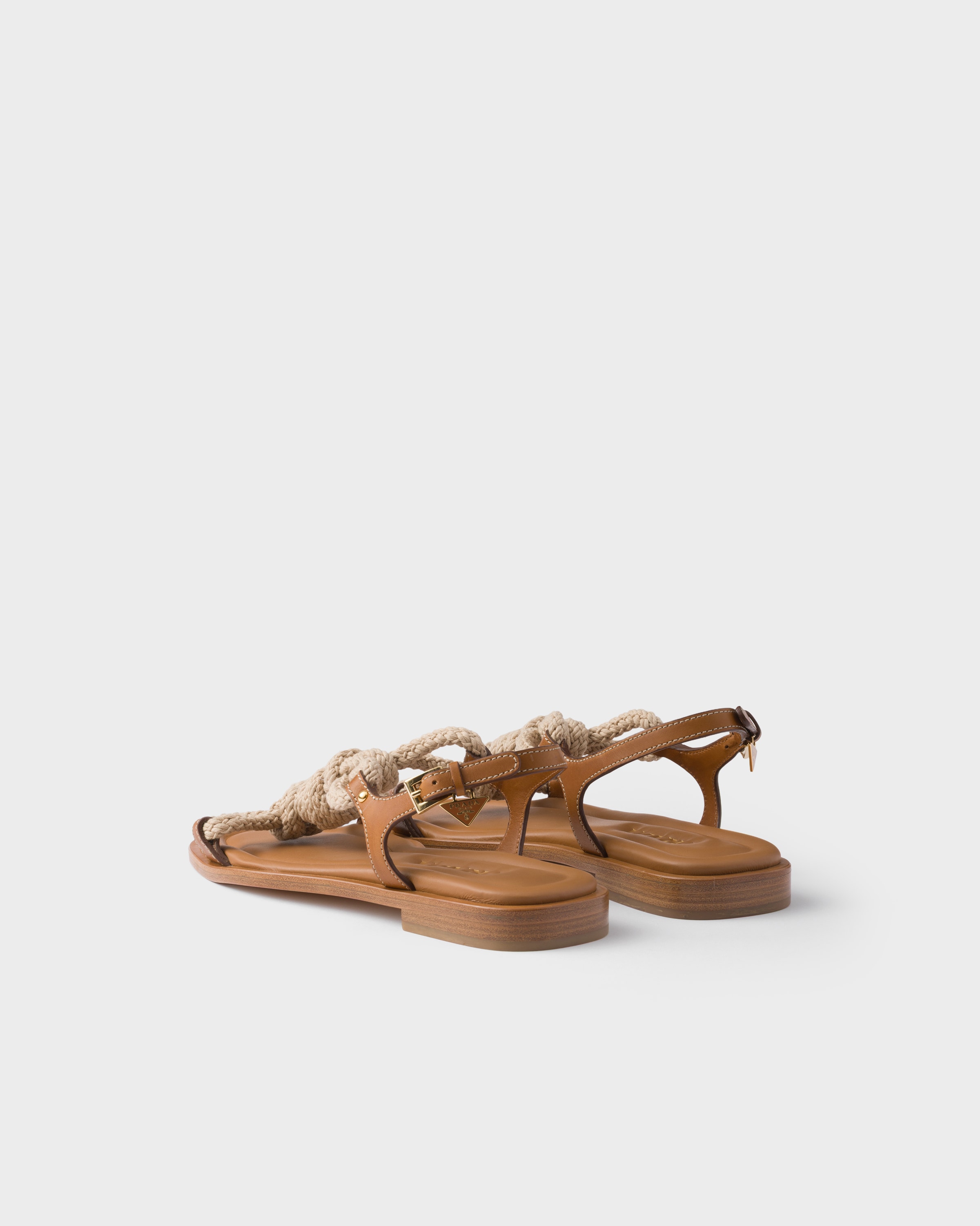 Prada Flat Leather And Cord Sandals In Brown