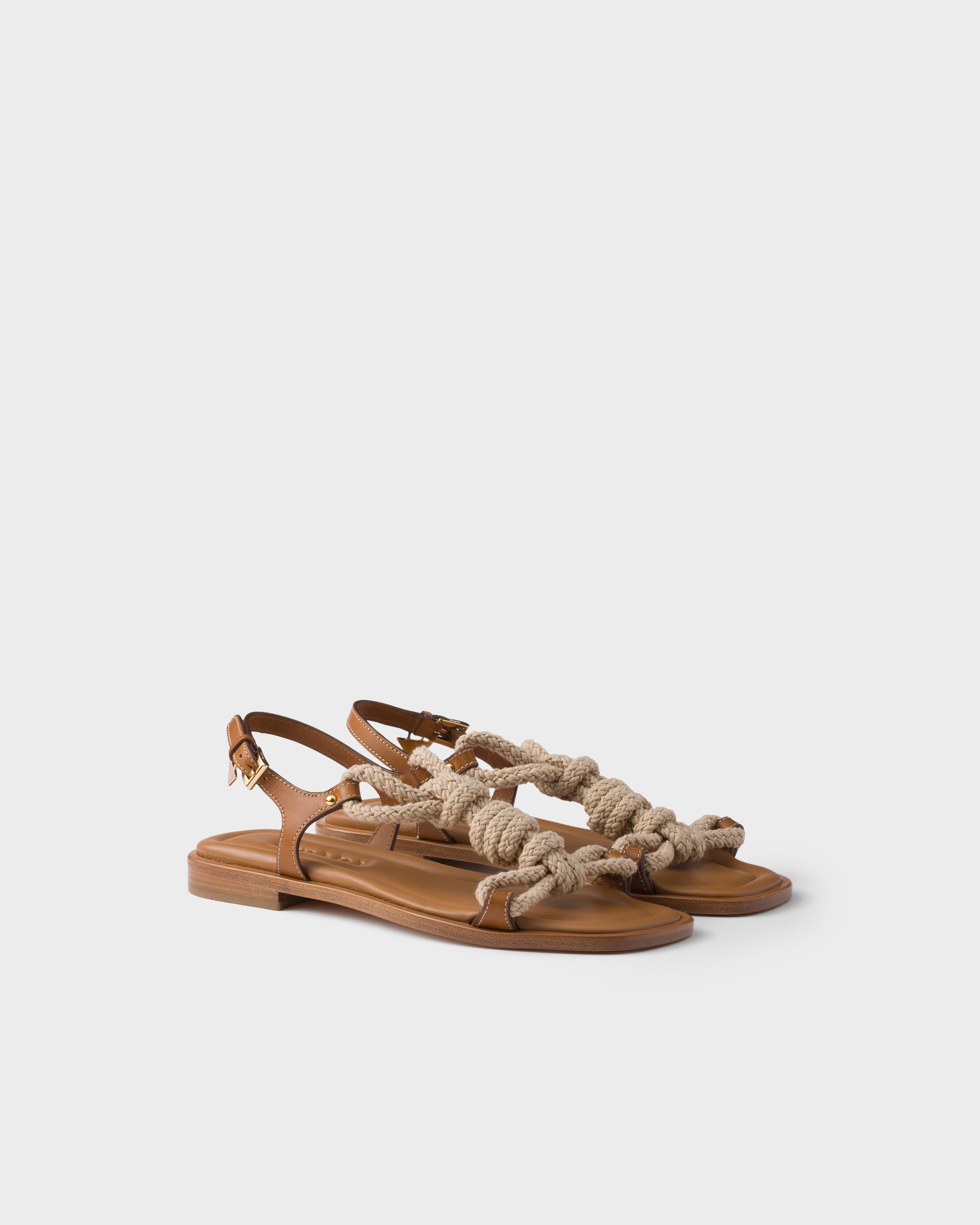 Prada Flat Leather And Cord Sandals In Brown