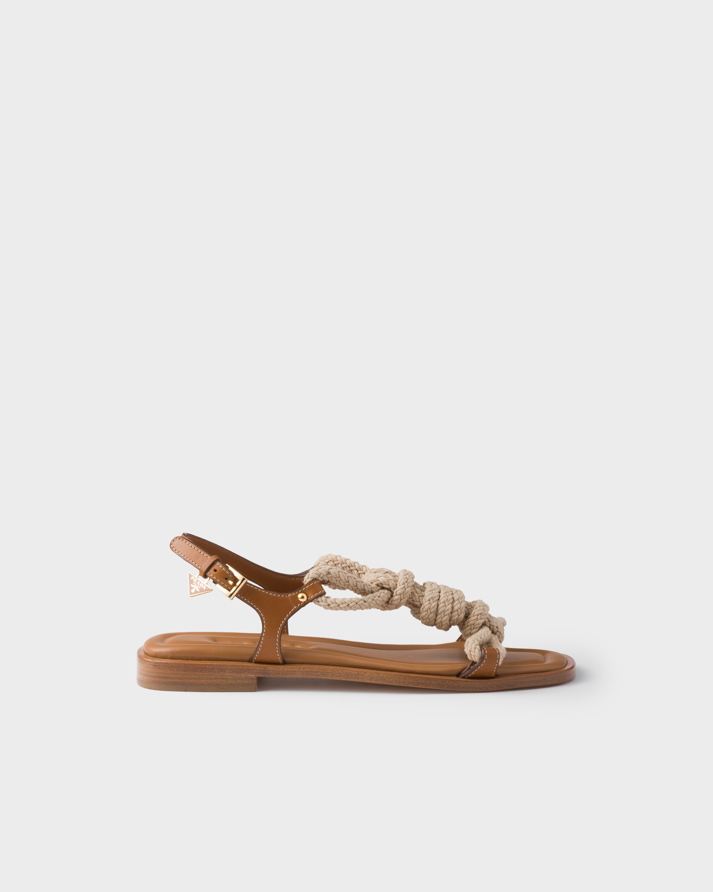 Prada Flat Leather And Cord Sandals In Brown