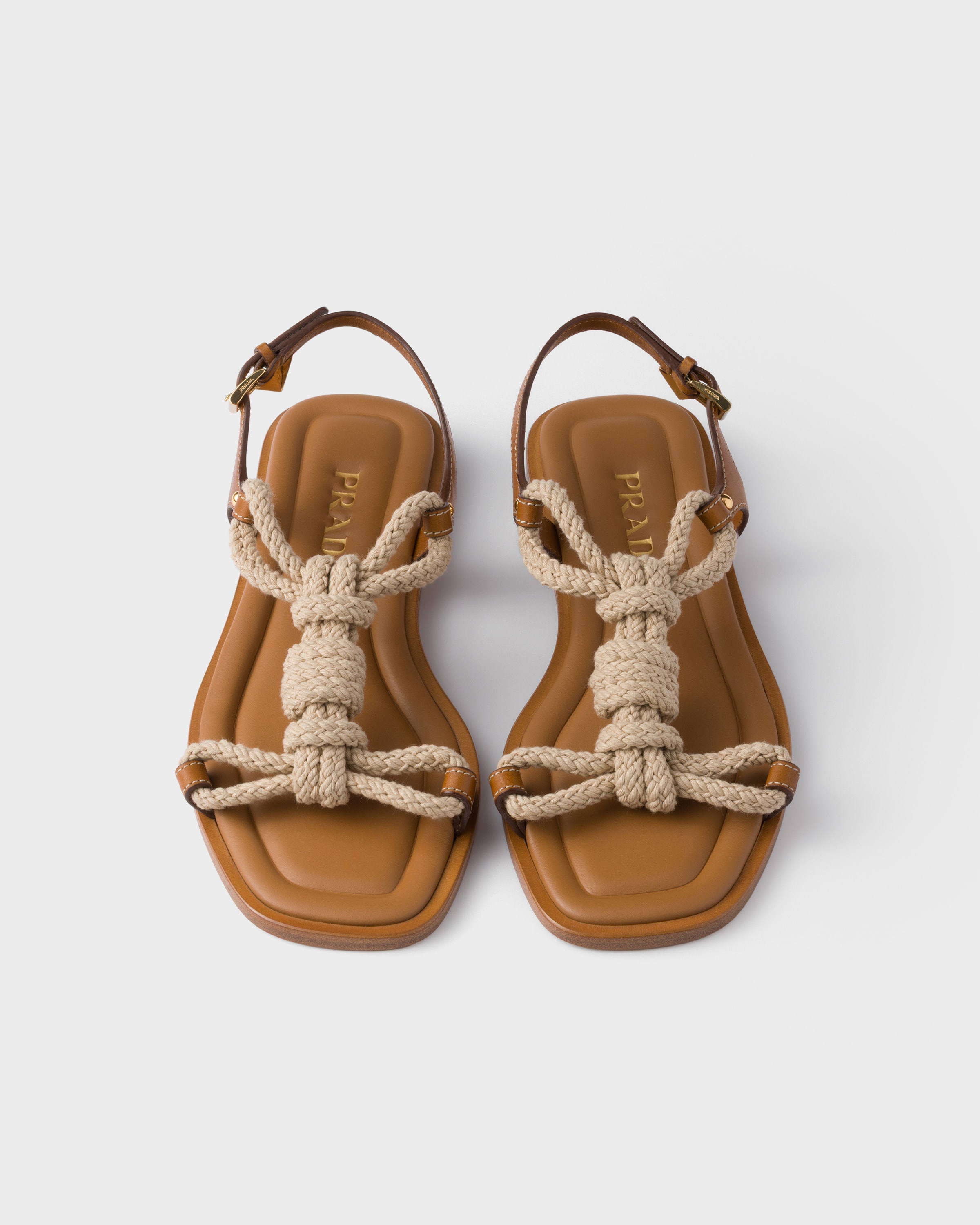 Prada Flat Leather And Cord Sandals In Brown