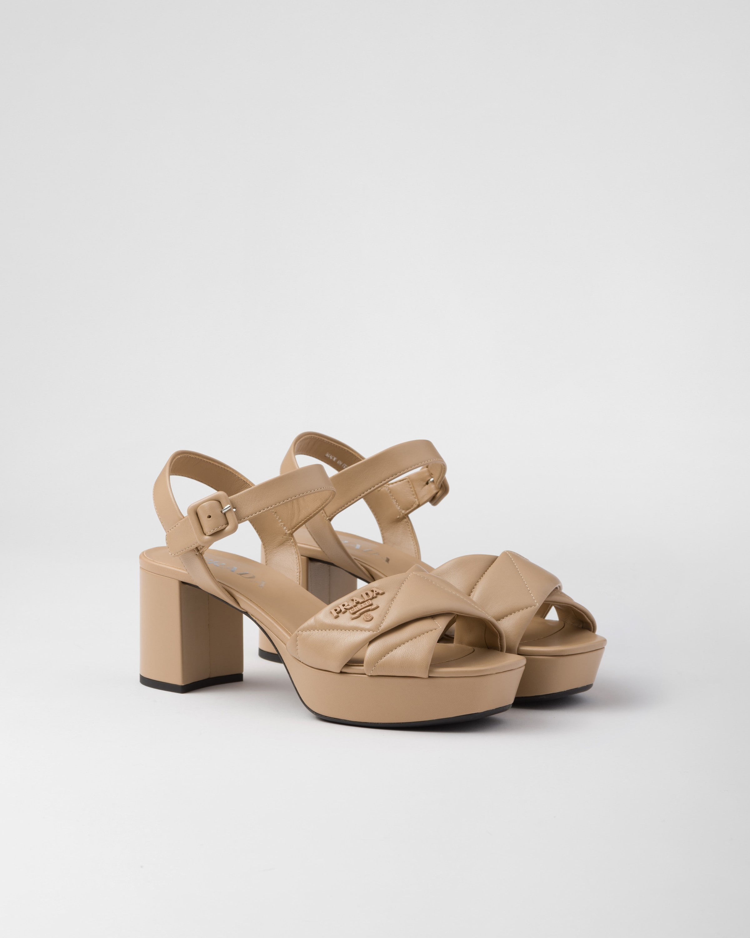 Prada Quilted Leather Crisscross Platform Sandals In Sand Beige