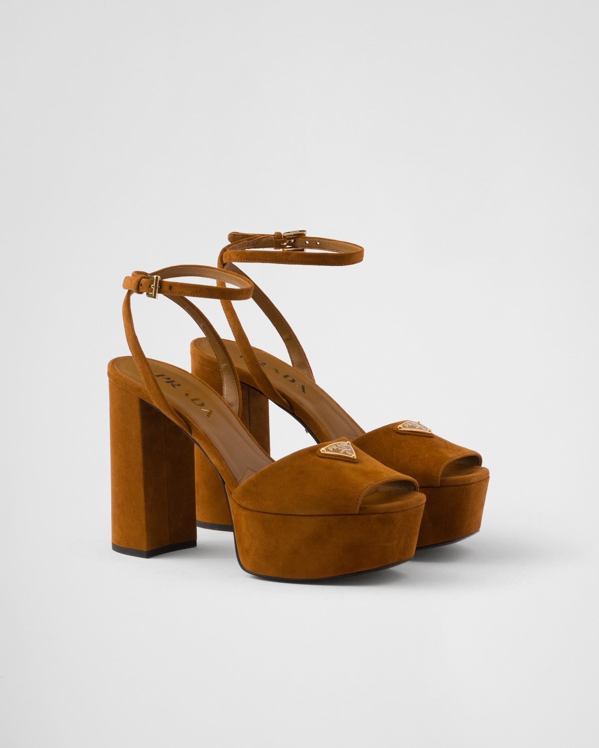 PRADA 26S HEELED SANDALS 115MM IN CARAMEL BROWN SUEDE