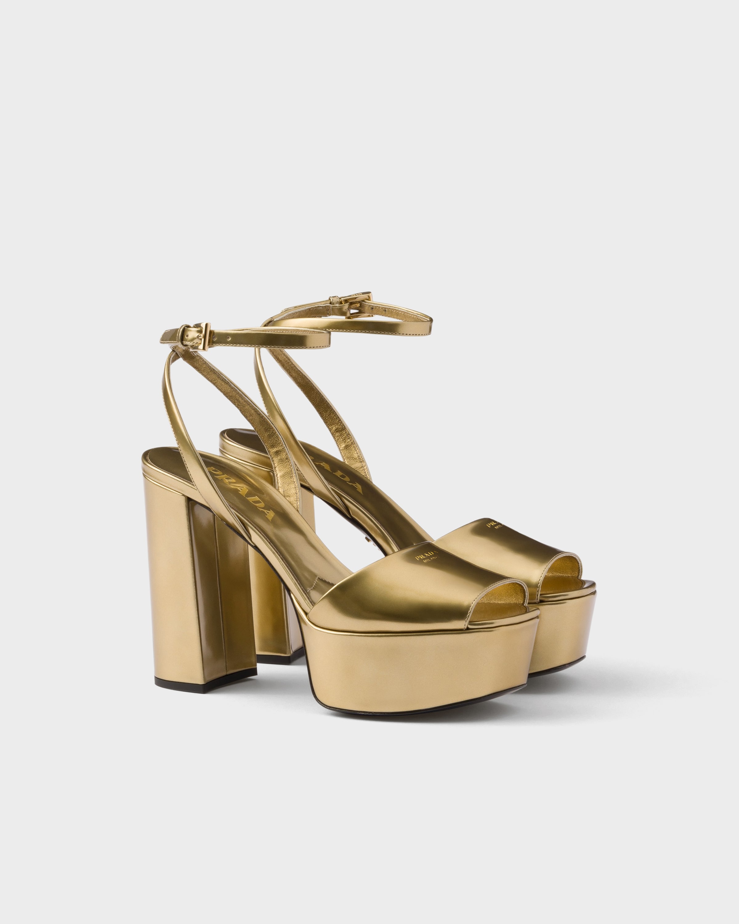 Platinum Metallic Leather Platform Sandals | PRADA - United States