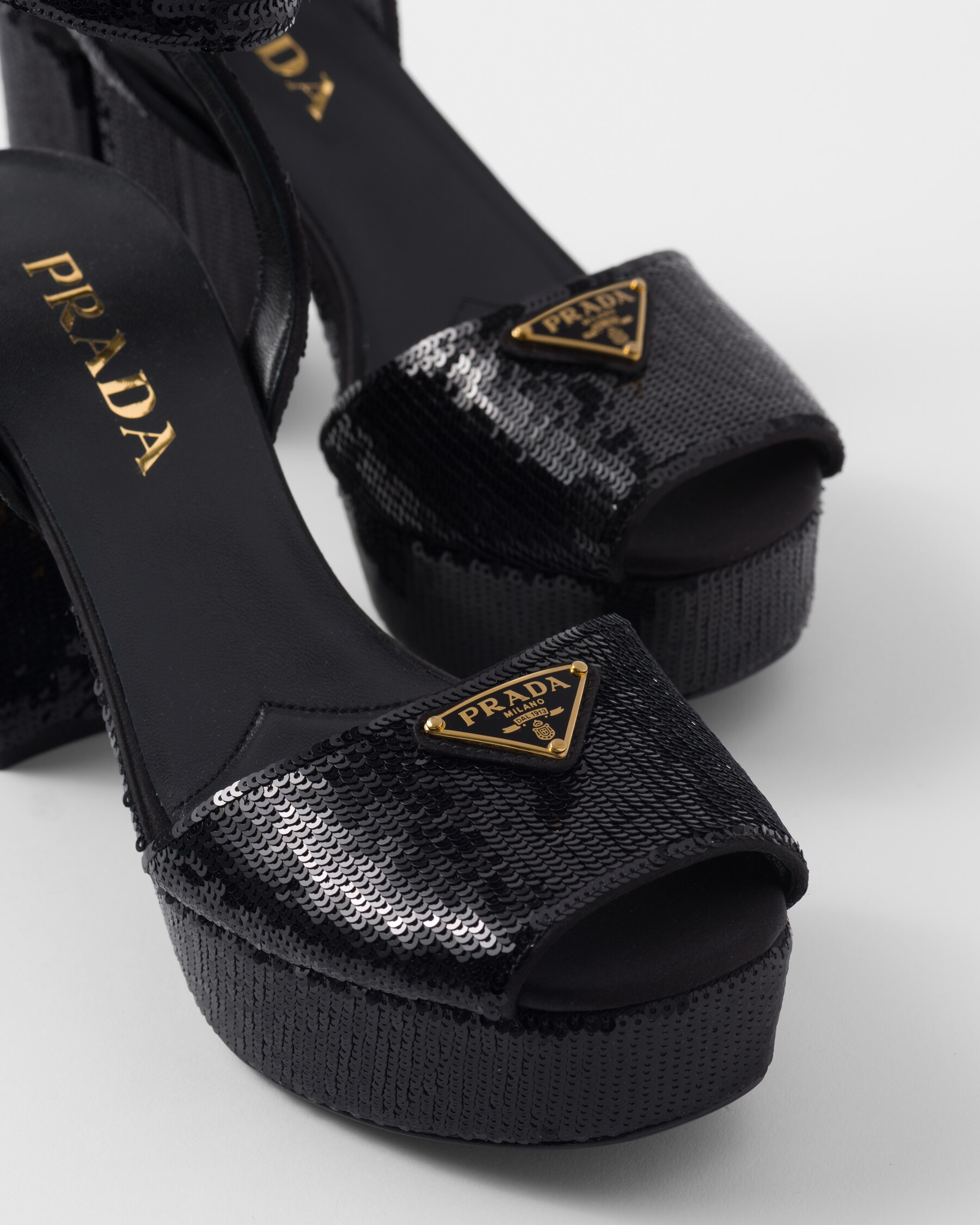 Black Sequined Satin Platform Sandals PRADA
