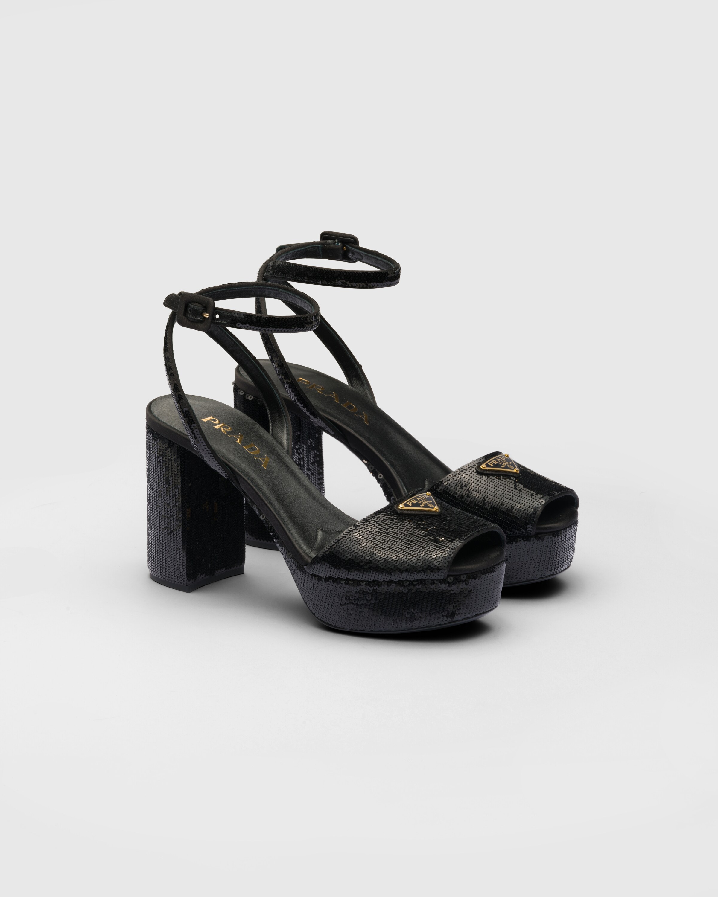 Prada Sequined Satin Platform Sandals In Black
