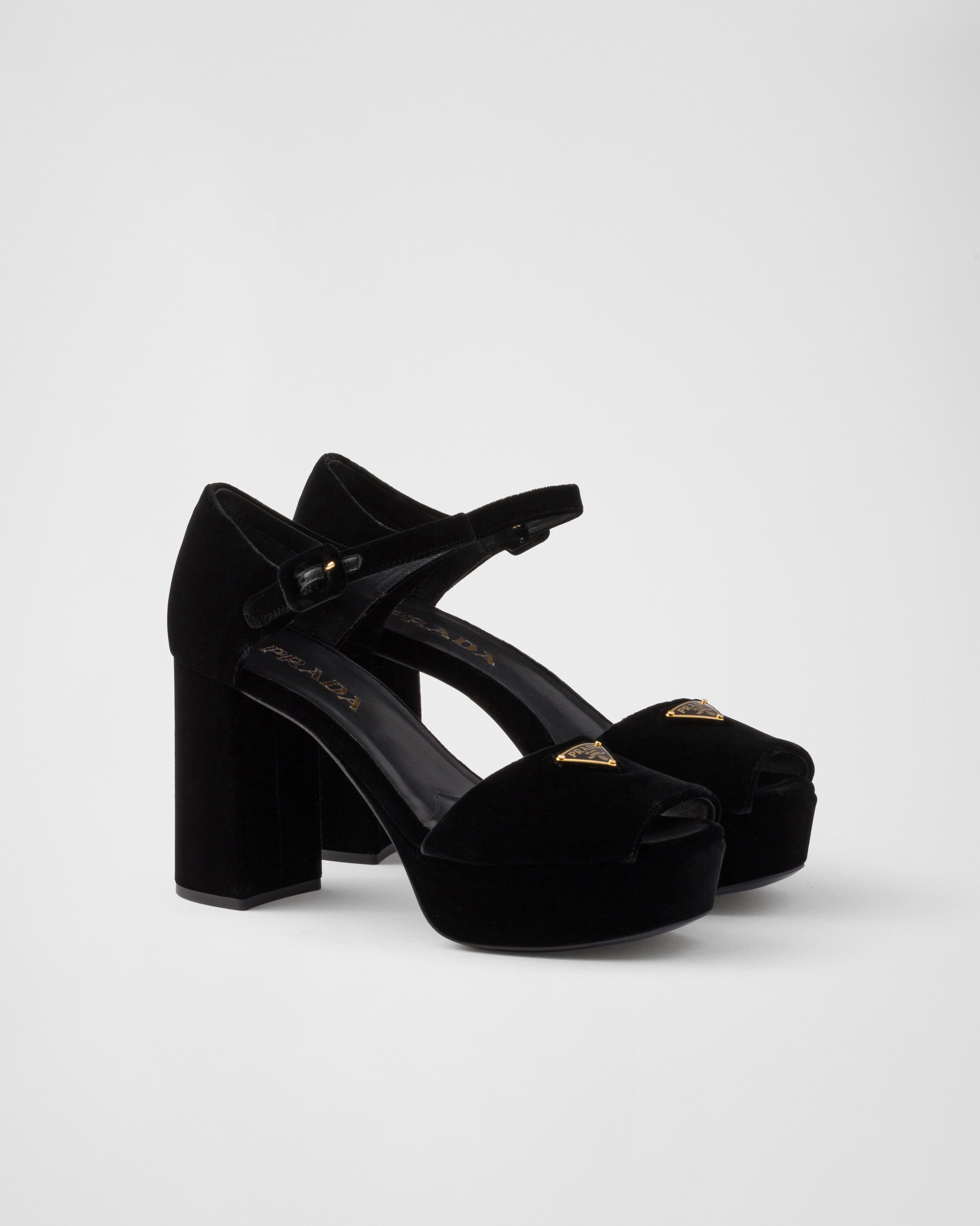 Shop Prada Plateausandalen Aus Samt In Black