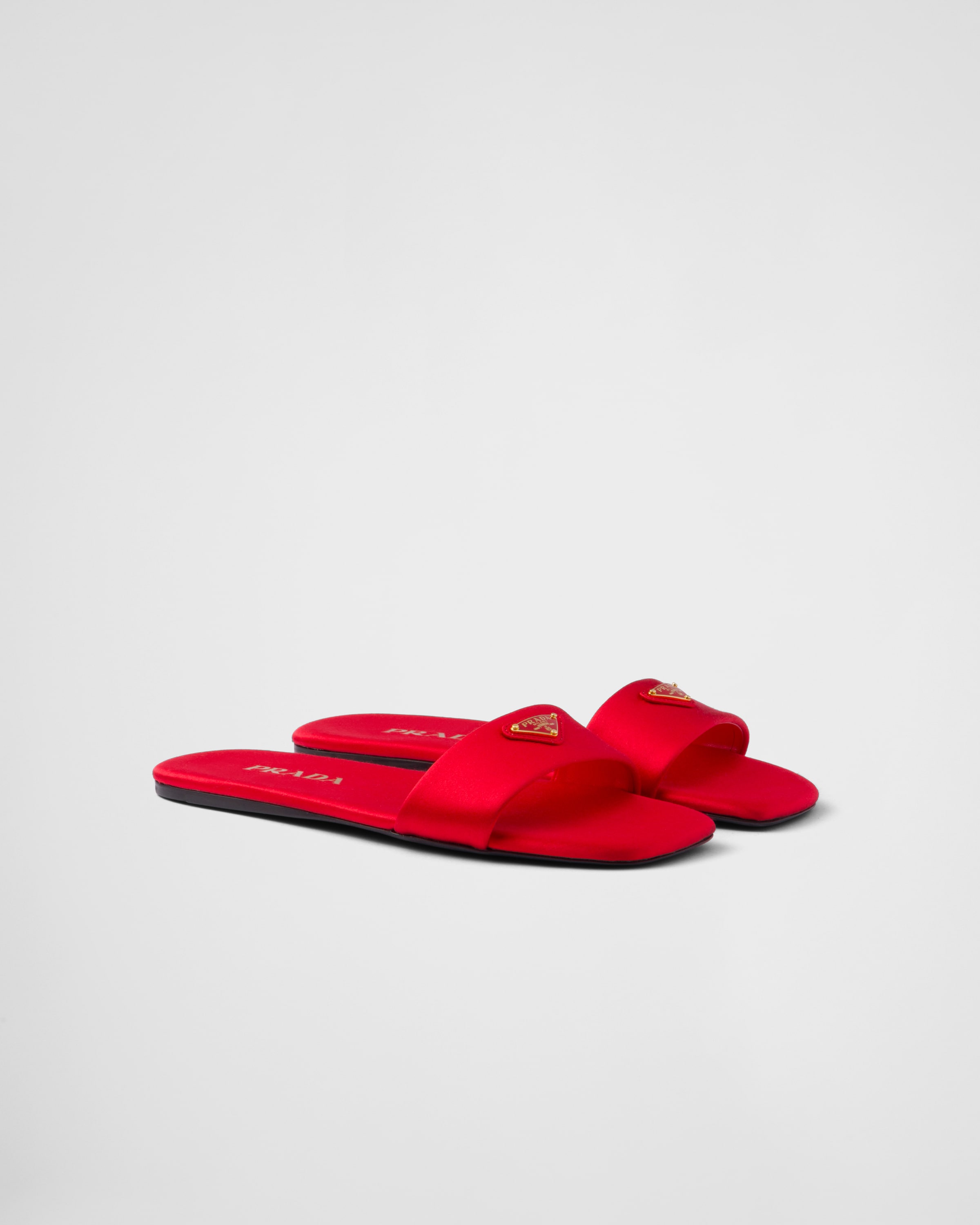 Prada Satin Slide Sandals Flat Sole In Red