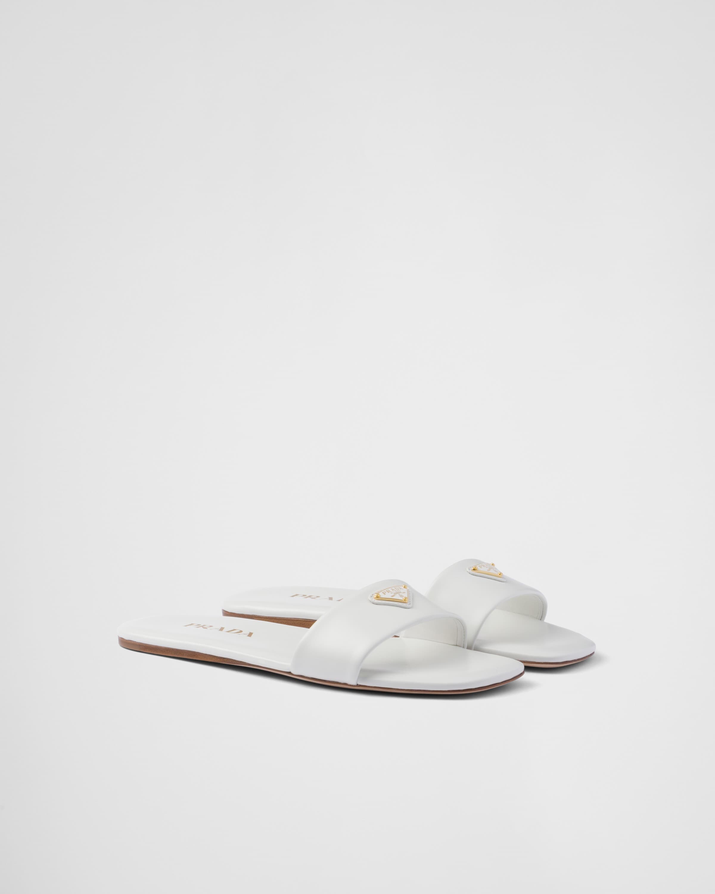 Prada Calfskin Logo Flat Slide Sandals In White