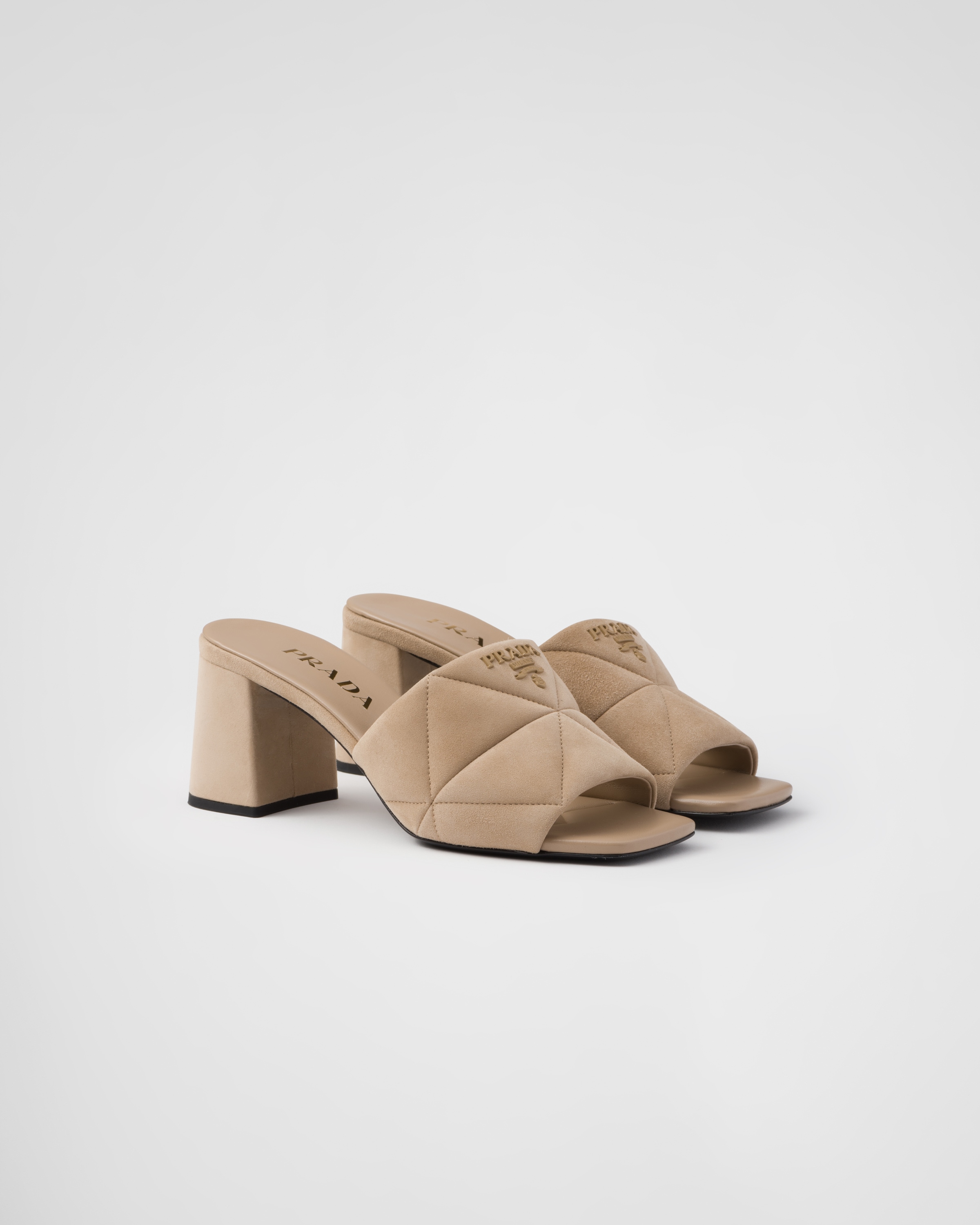 Prada Logo-plaque Suede Mules In Beige Khaki