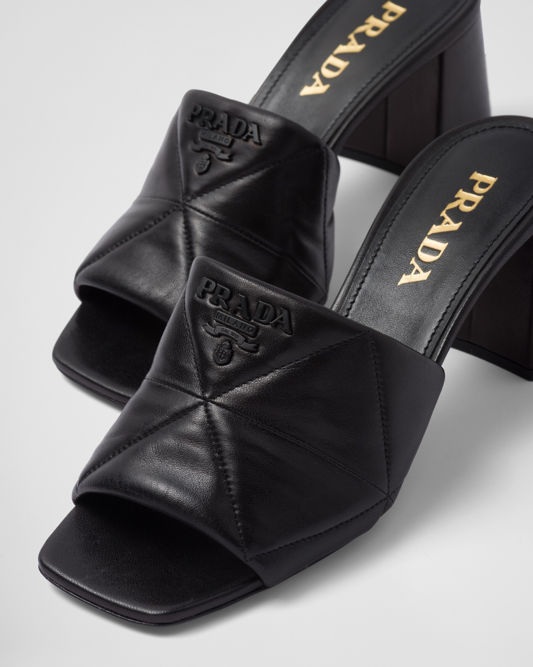 HAS DUSTBAG - Prada Black Leather Turnlock Block Heeled Sandals