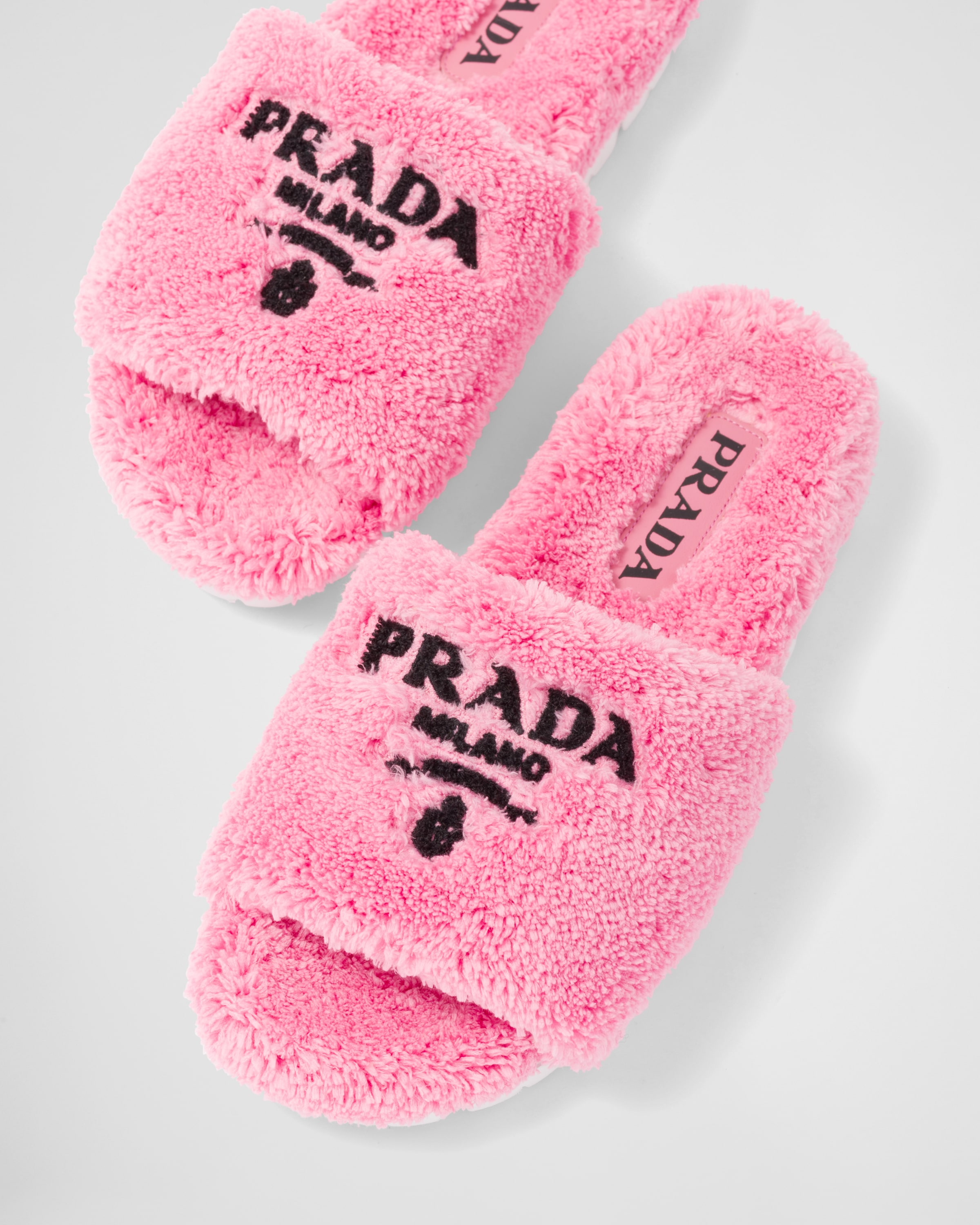 Petal Pink/black Terry cloth slides | Prada