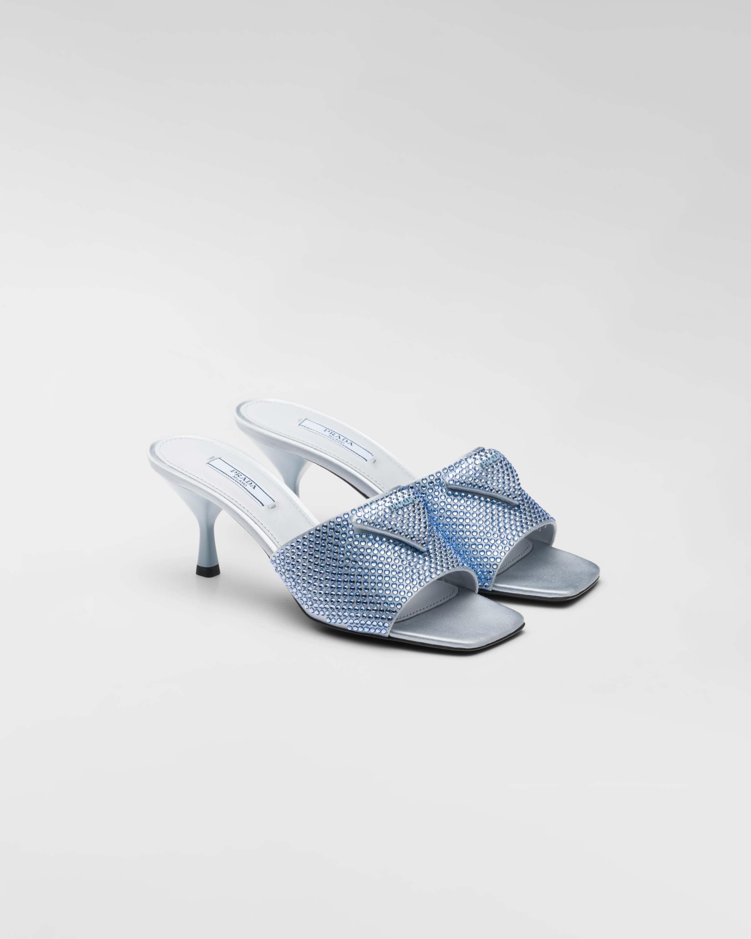 Light Blue Satin Heeled Sandals With Crystals PRADA
