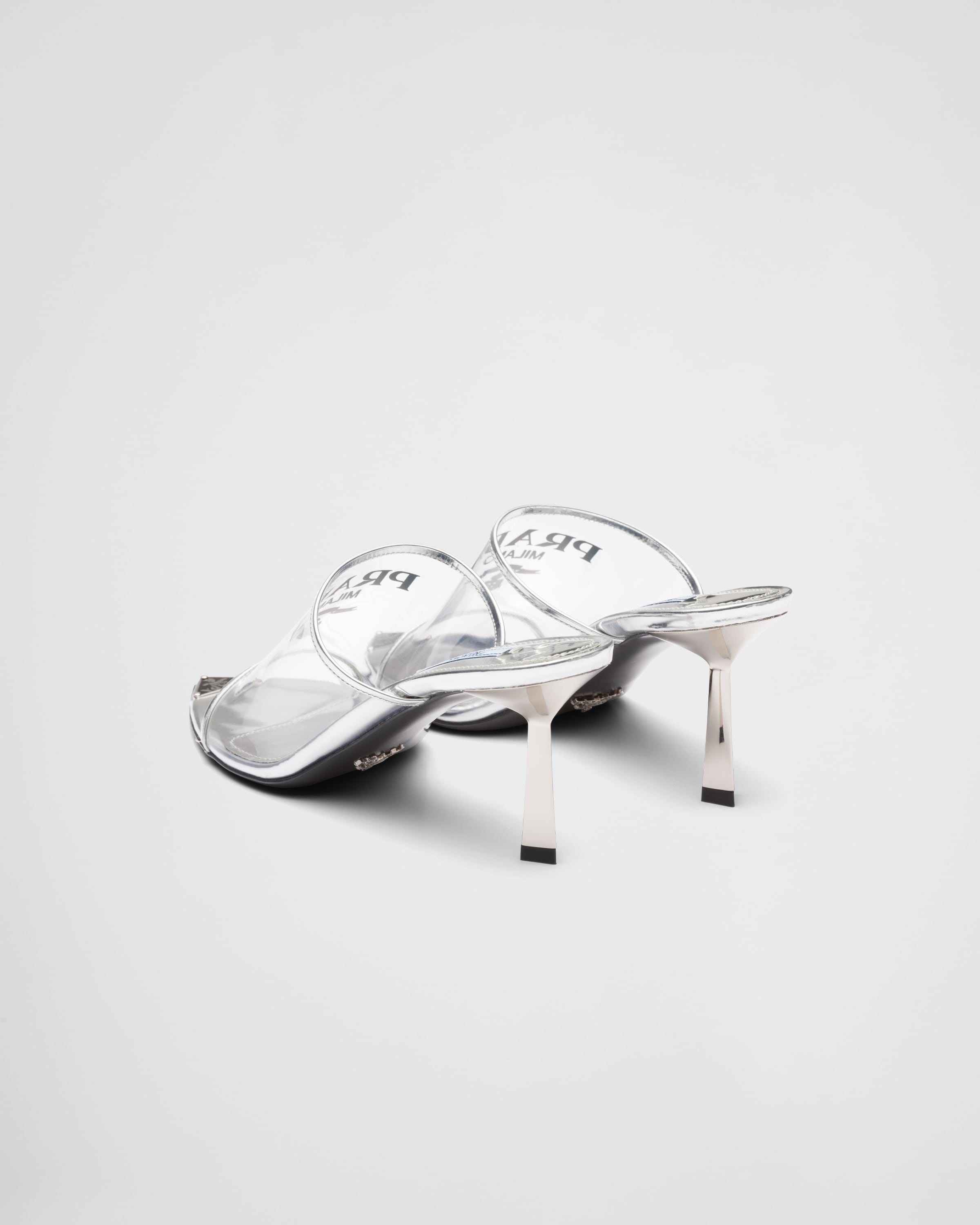 Silver Logo-print Plexiglas high-heel slides | Prada