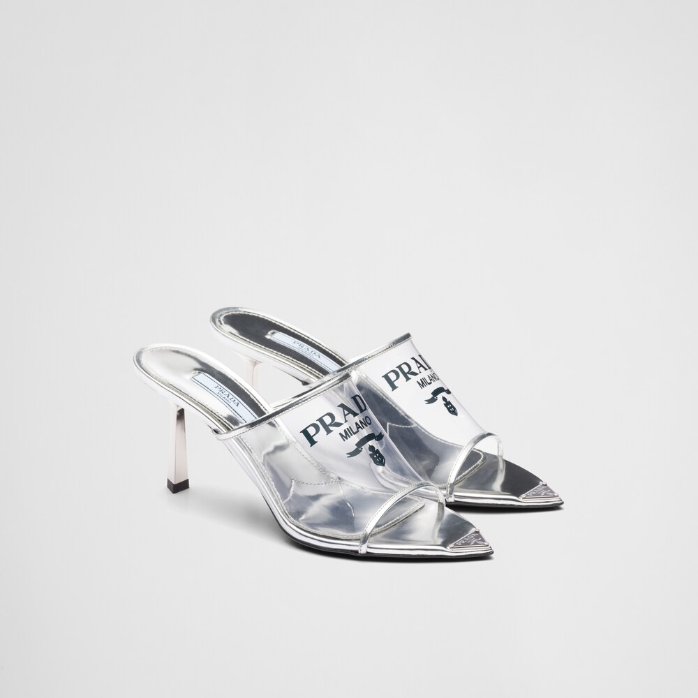 Silver Logo-print Plexiglas high-heel slides | Prada