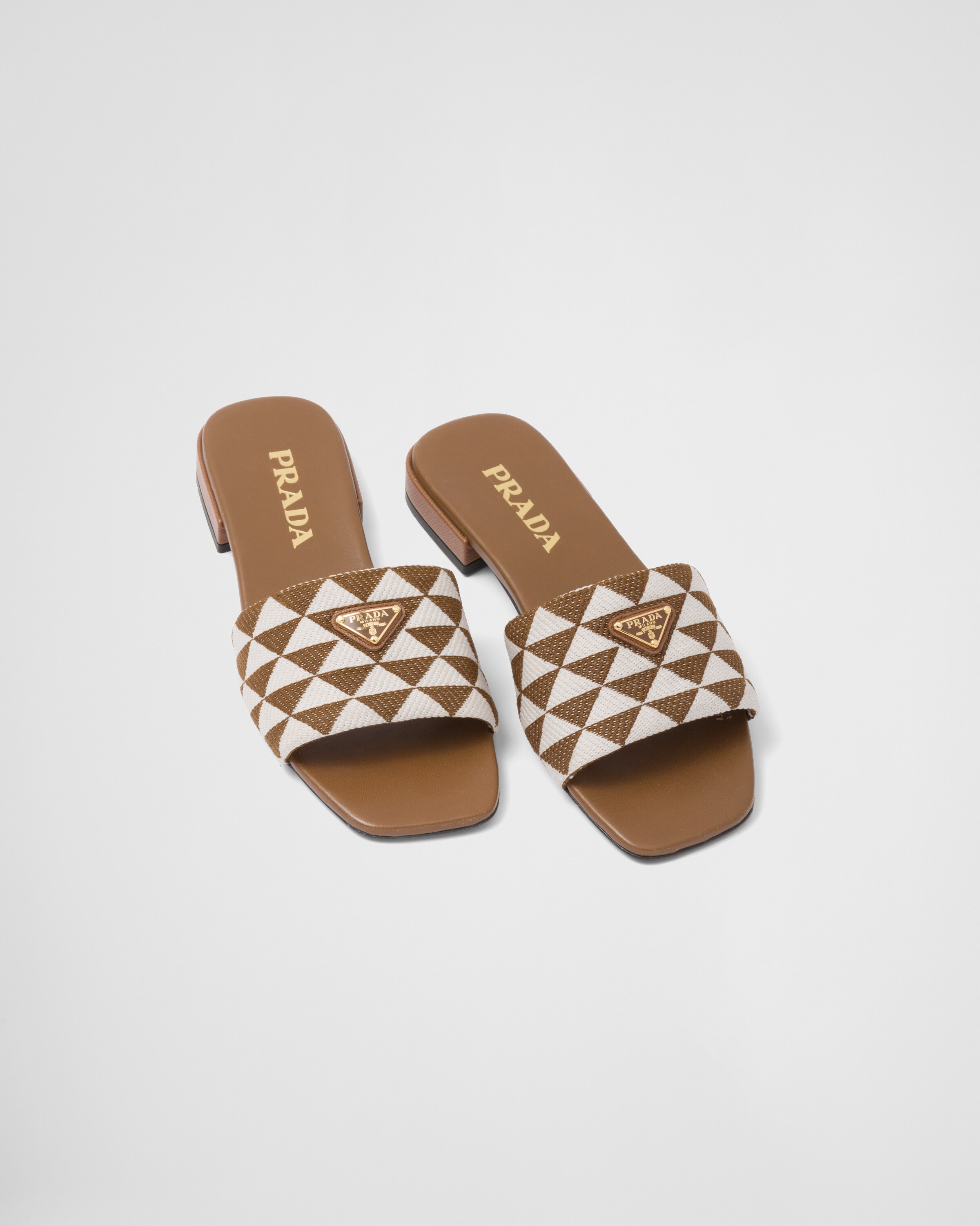 Tobacco/chalk White Embroidered Fabric Slides | PRADA