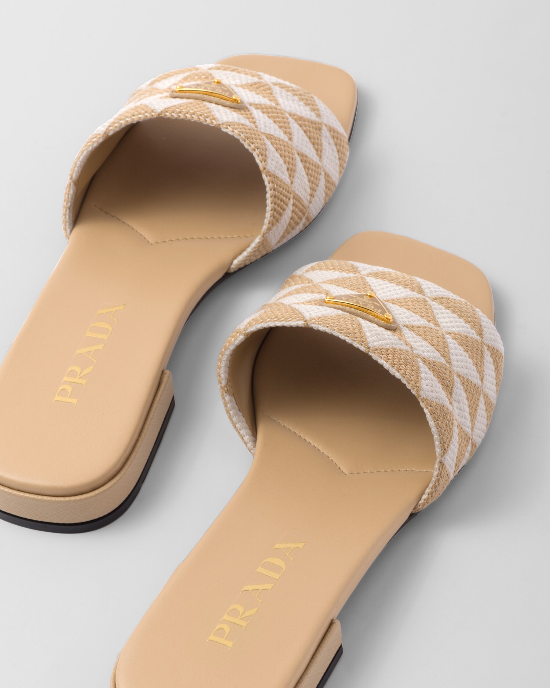 Beige/chalk White Embroidered Fabric Slides PRADA