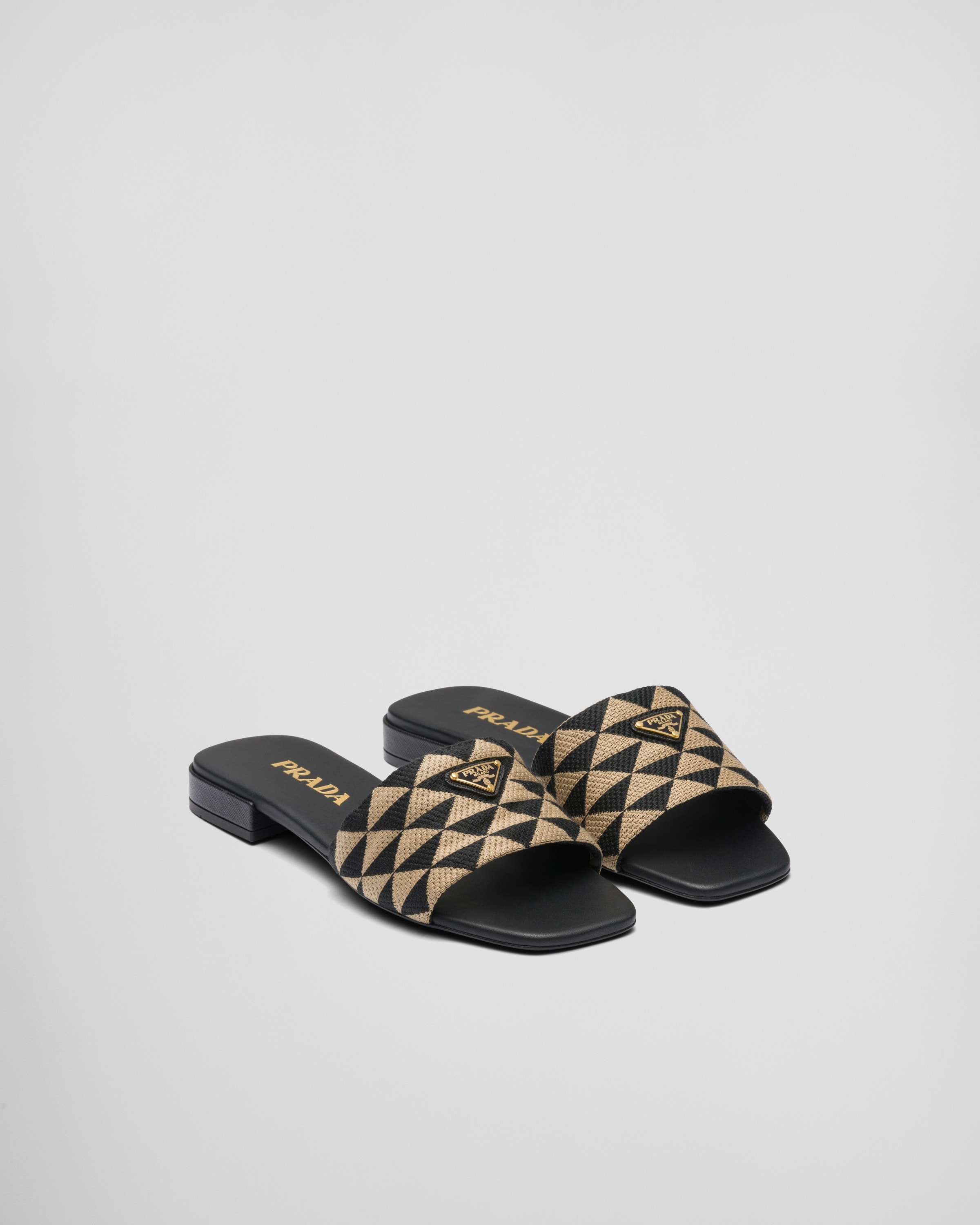 Black/beige Embroidered Fabric Slides | PRADA