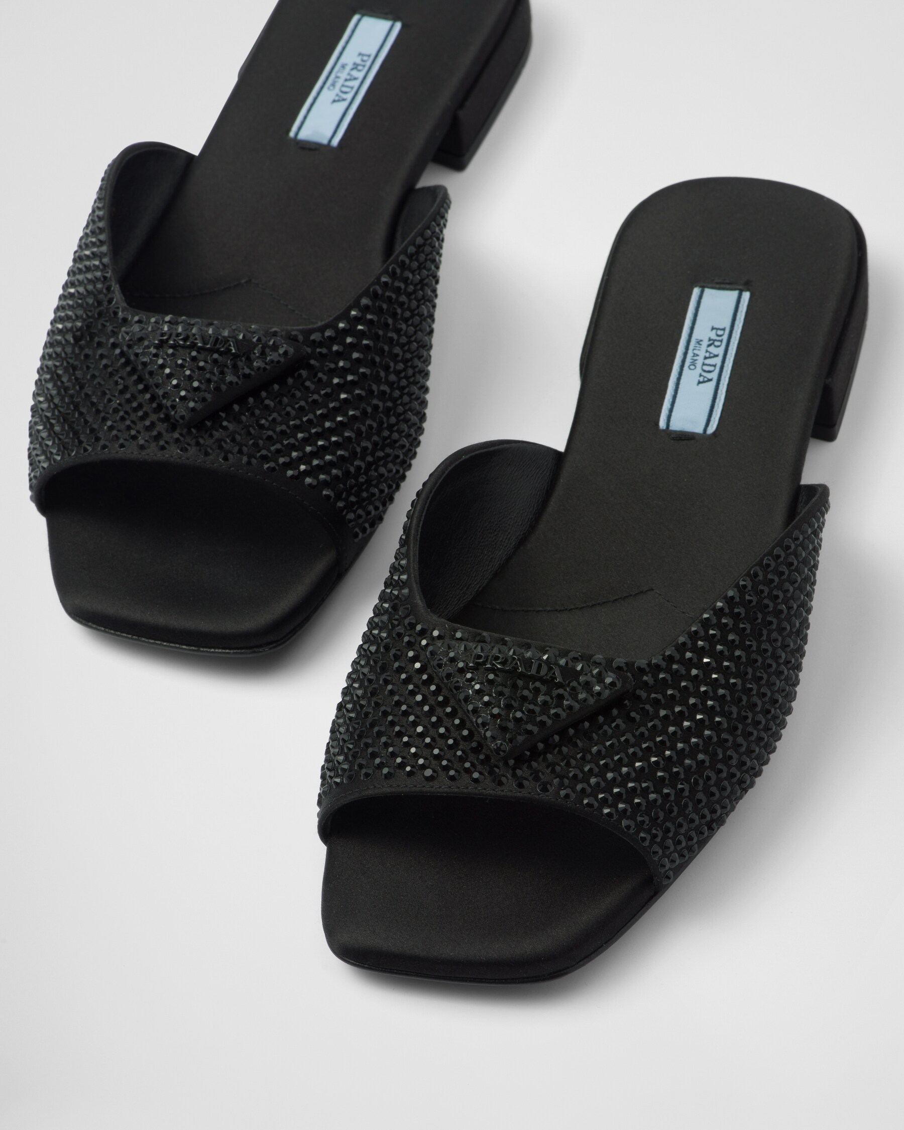 Black Satin Slides With Crystals PRADA