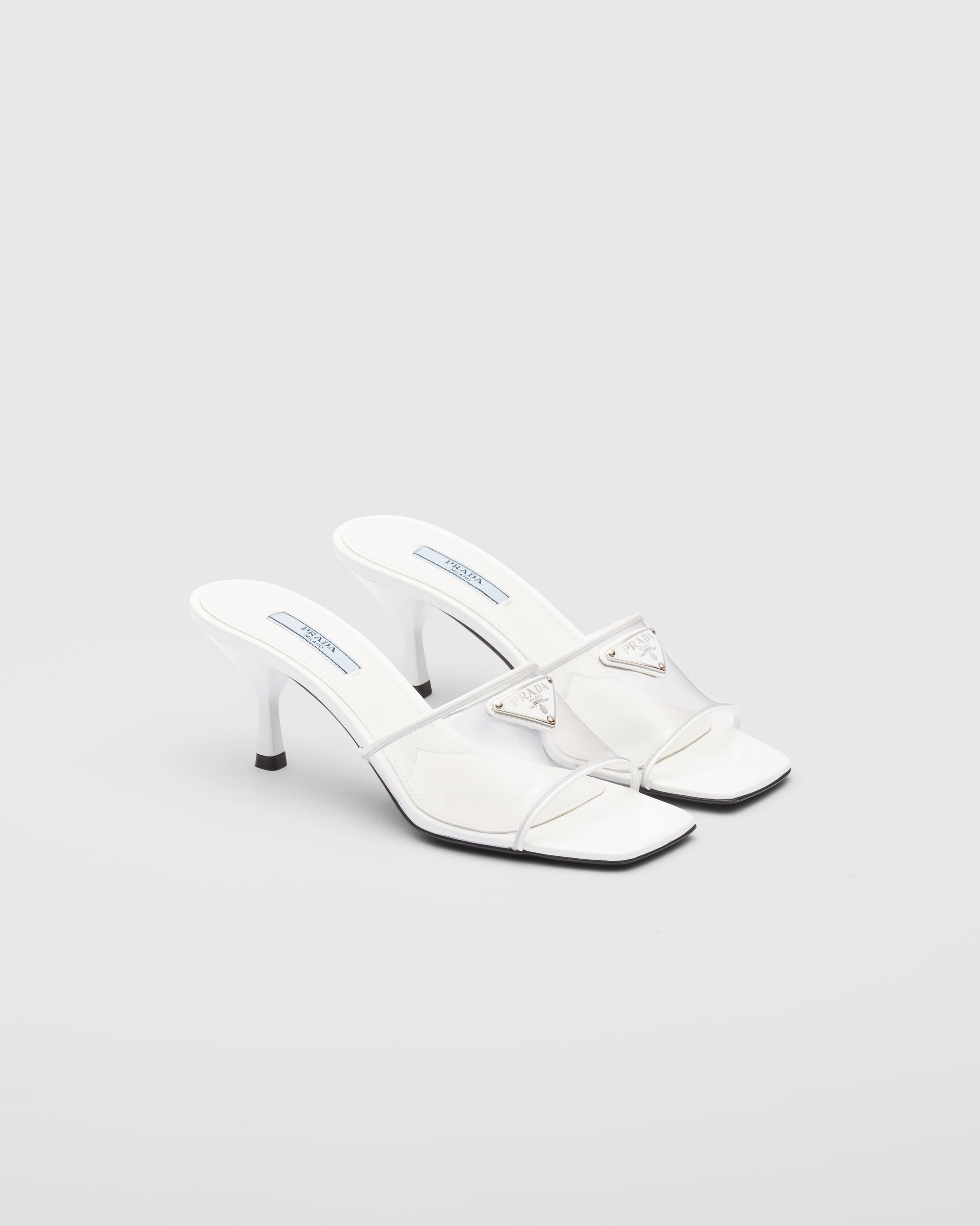 White Plexiglas and patent leather sandals | Prada