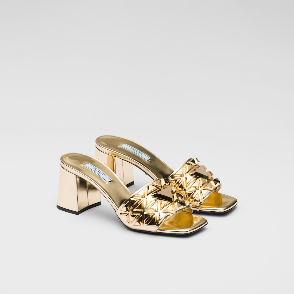 Platinum Studded metallic leather mules Prada