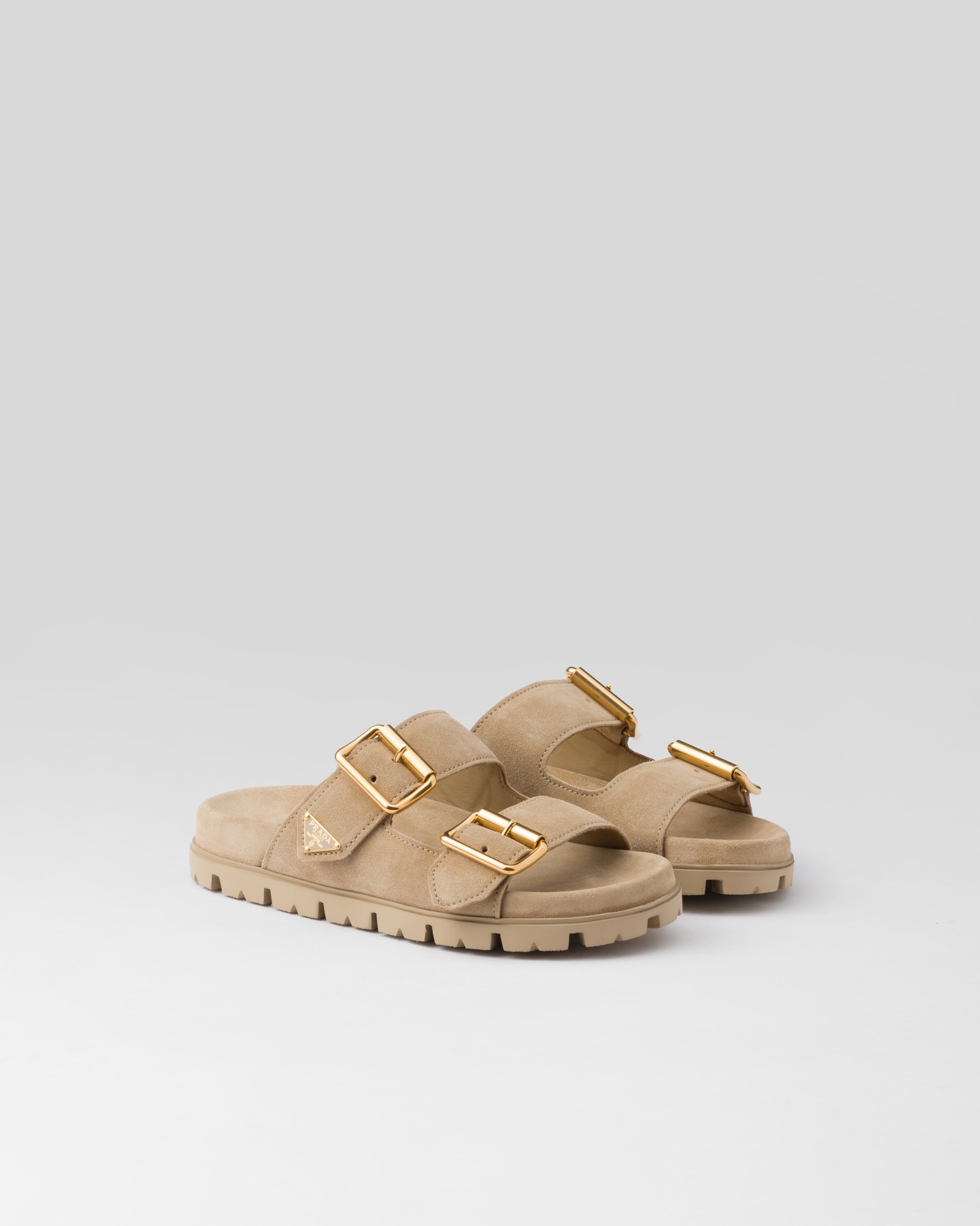 Shop Prada Suede Strap Slides In Ecru