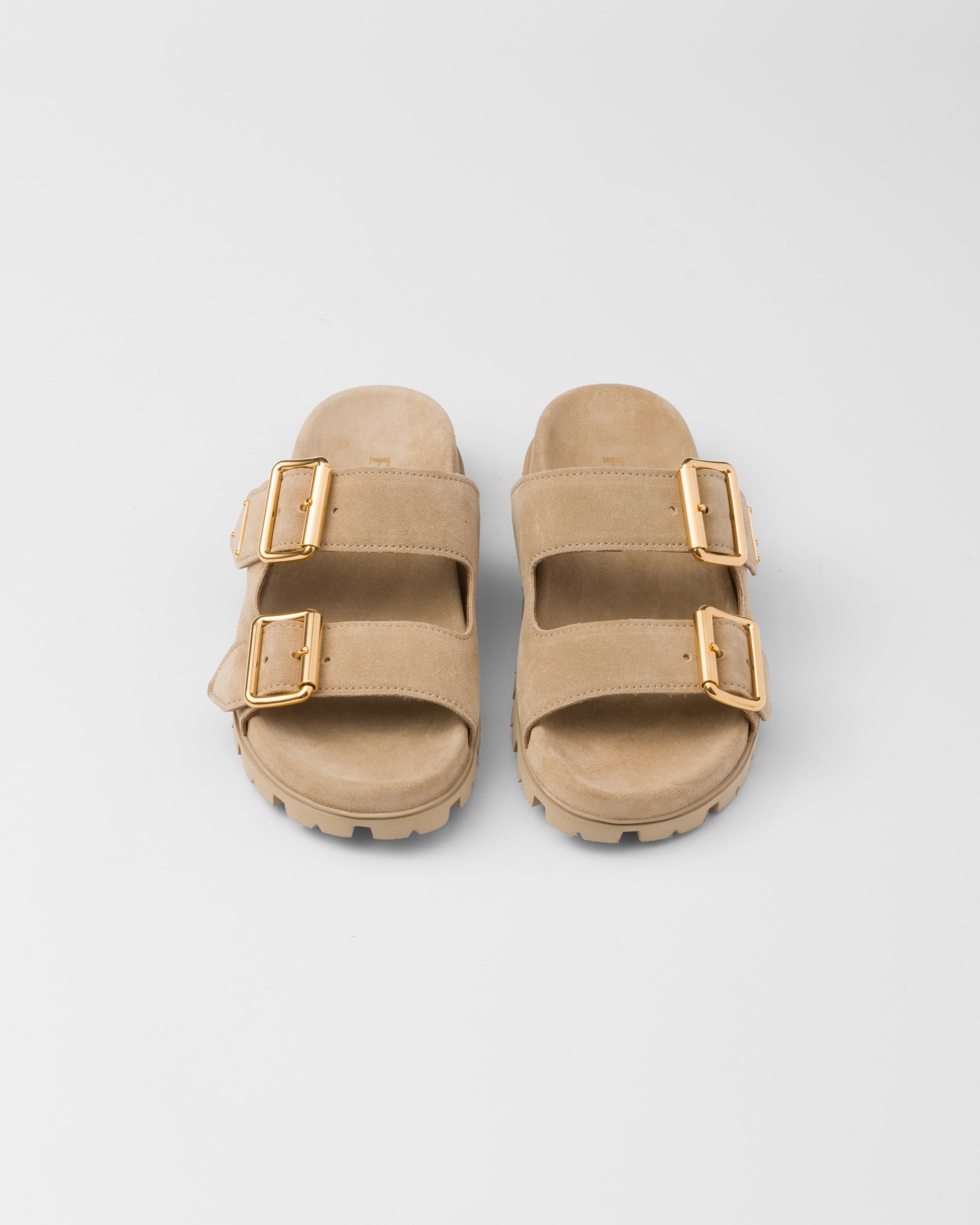 Shop Prada Suede Strap Slides In Ecru