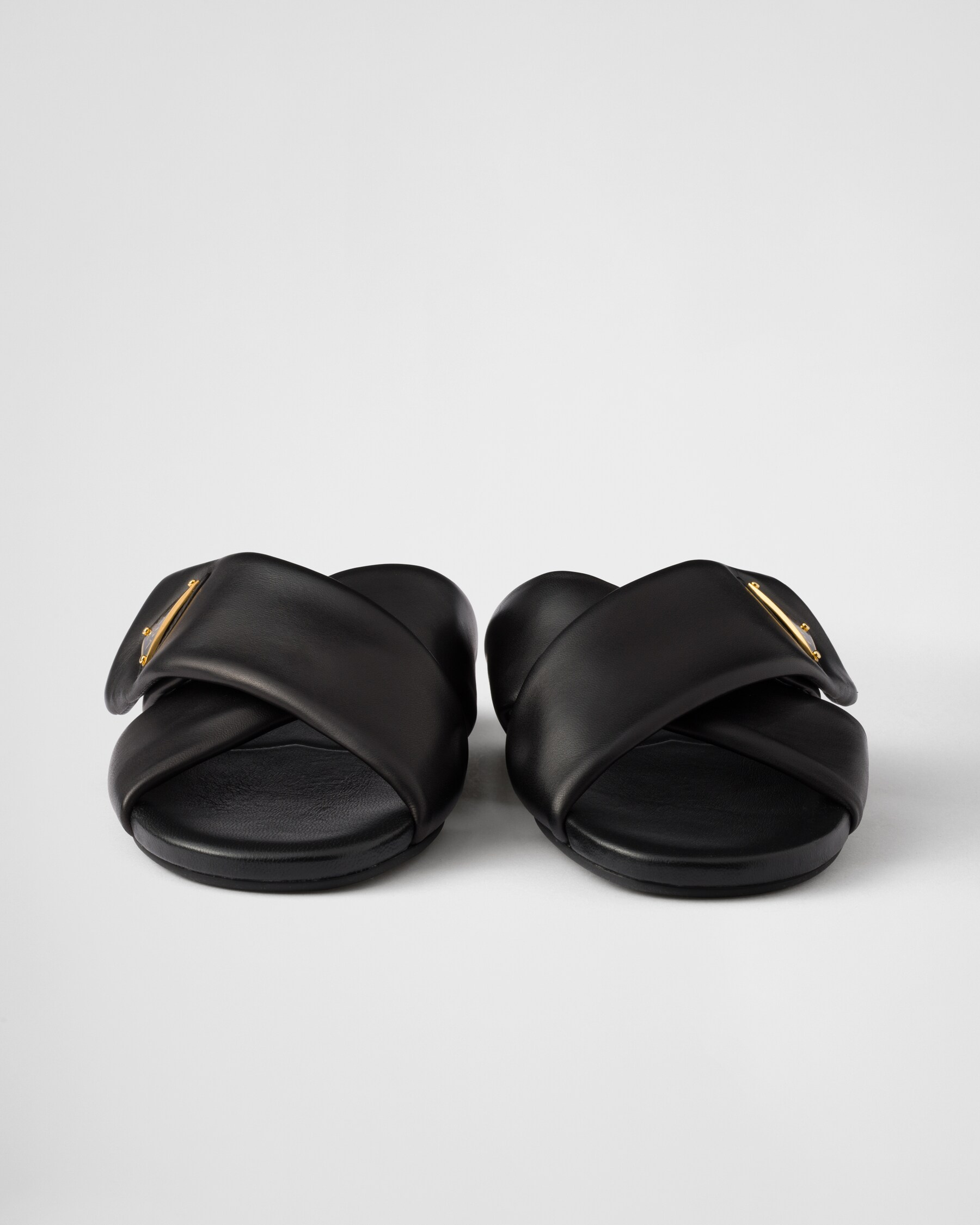 PRADA 25S STRAP SLIDES 30MM IN WHITE CALFSKIN GOLD HARDWARE