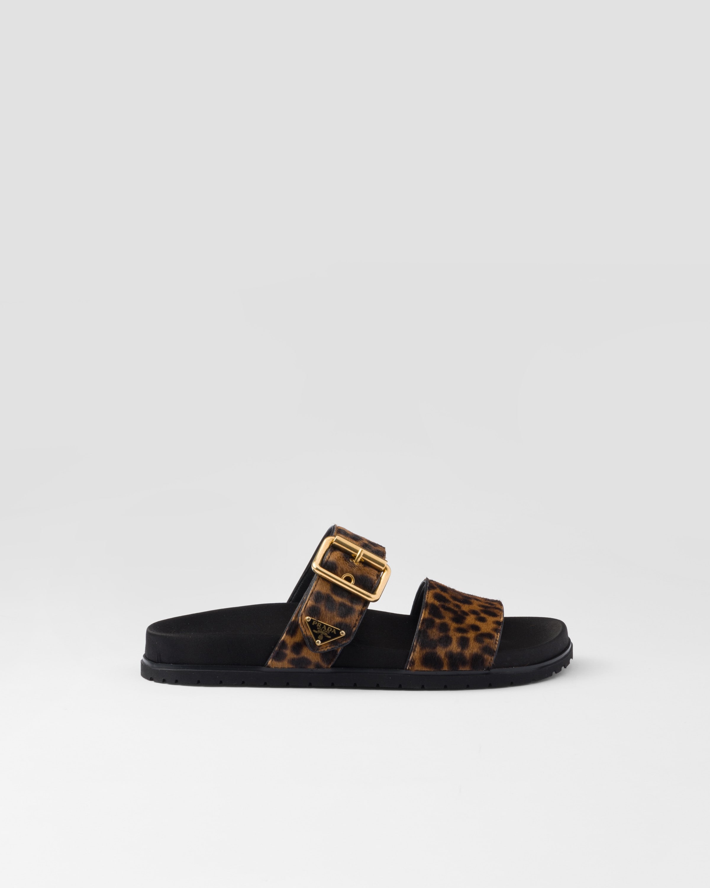 Shop Prada Printed Leather Slides In Honey