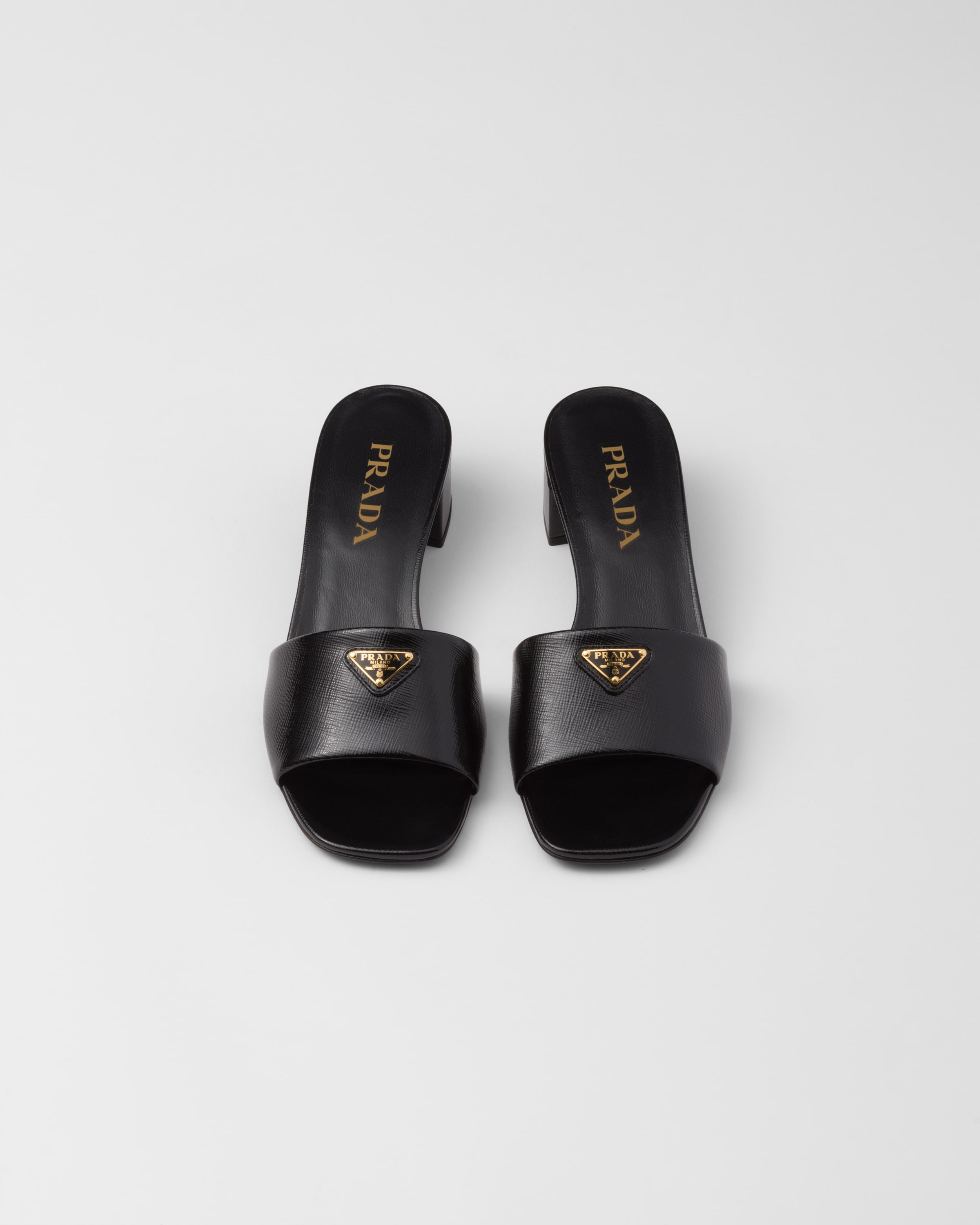 Black Saffiano Patent Leather Sandals PRADA