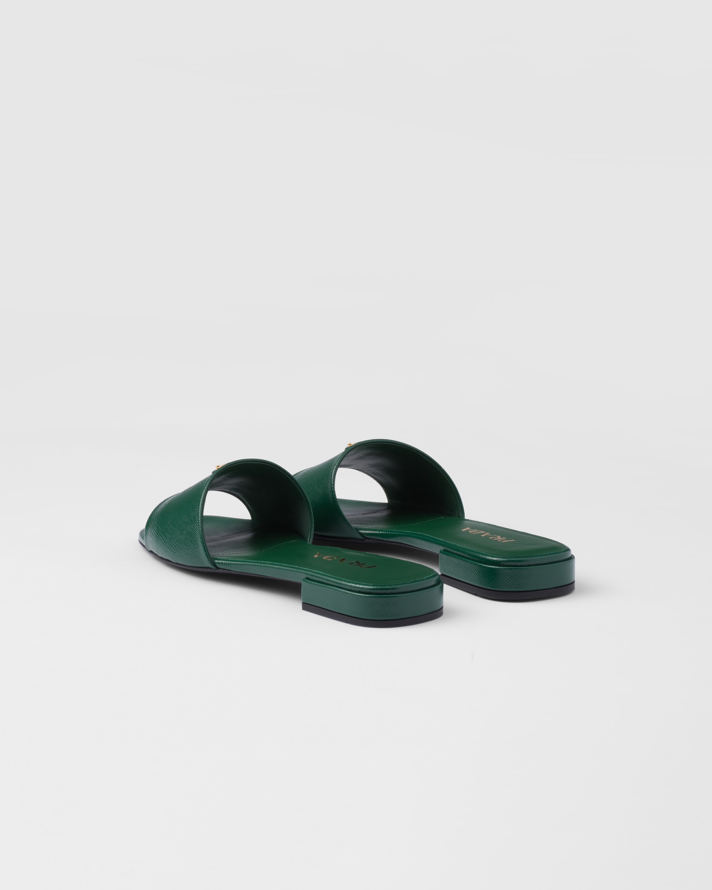 Billiard Green Saffiano Patent Leather Slides PRADA