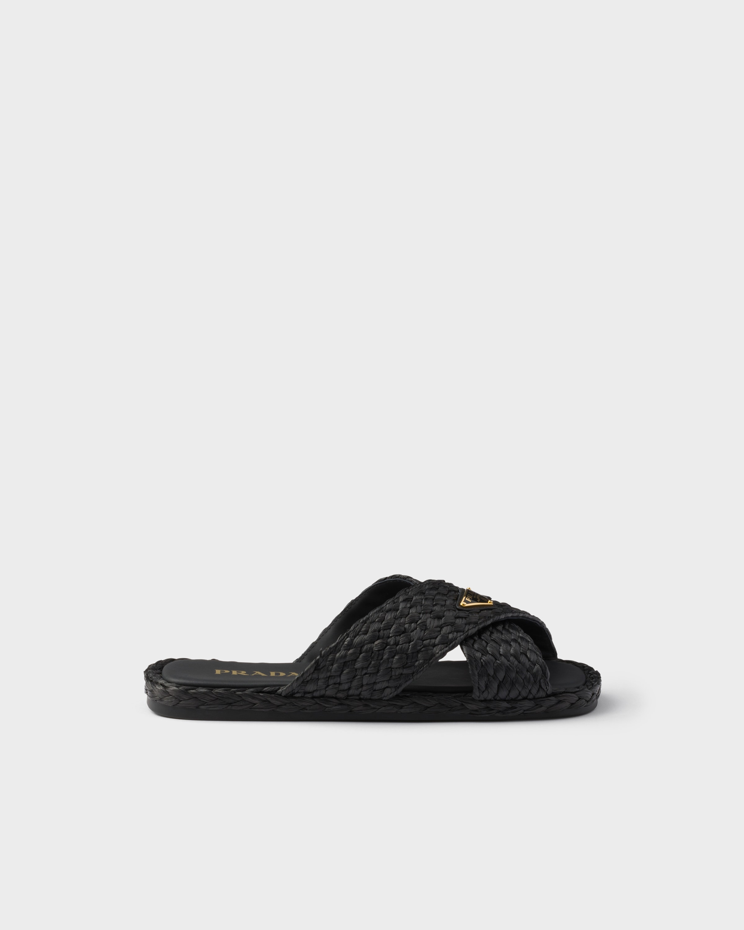 Black Raffia Crisscross Slides | PRADA