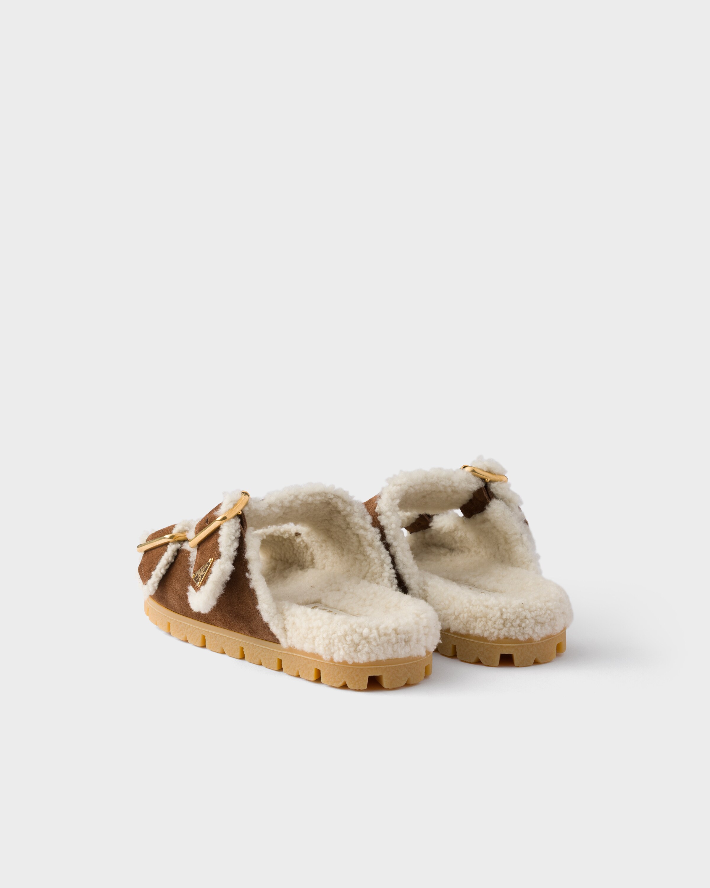 Cocoa Brown Suede And Shearling Slides | PRADA - United States