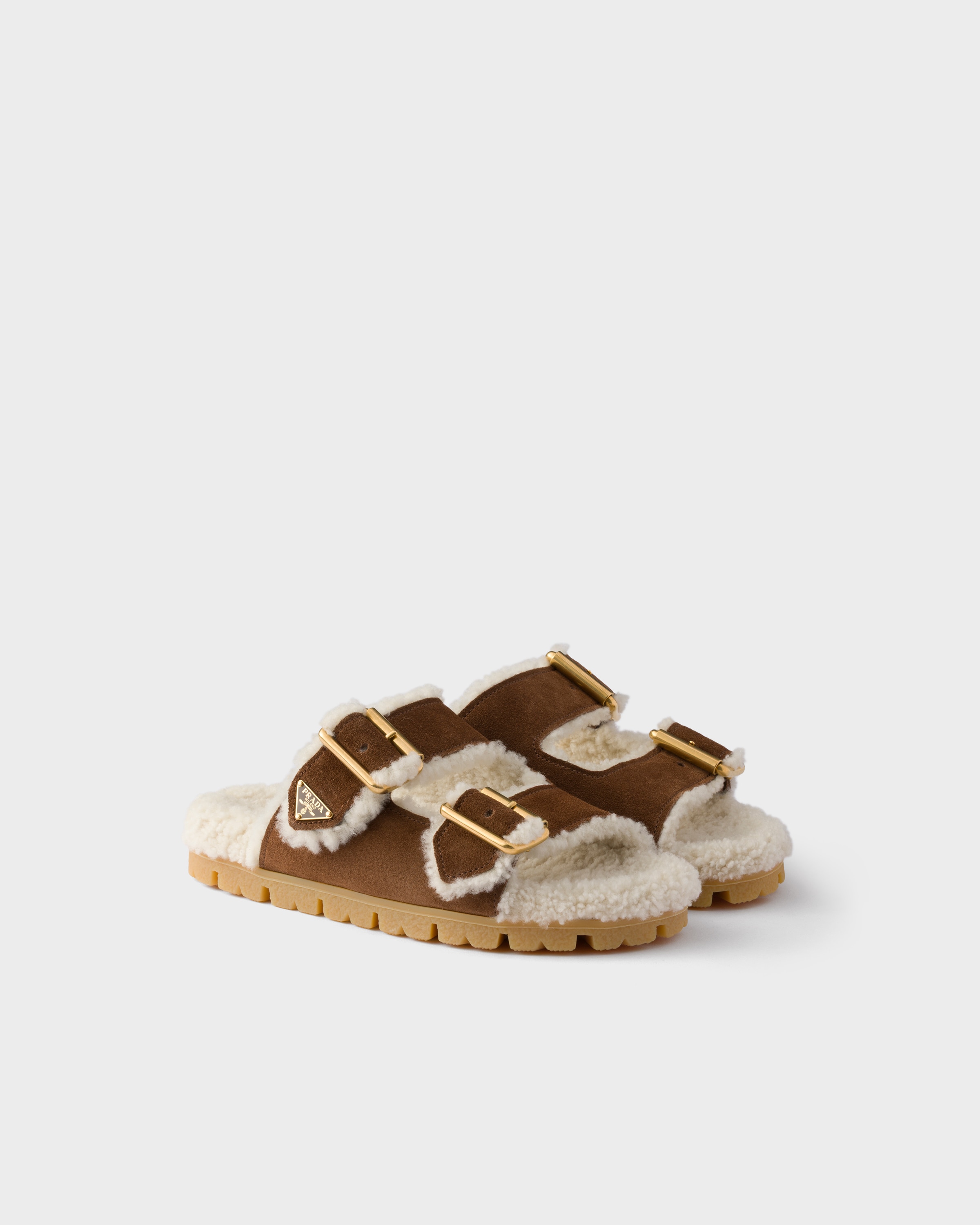 Cocoa Brown Suede And Shearling Slides | PRADA