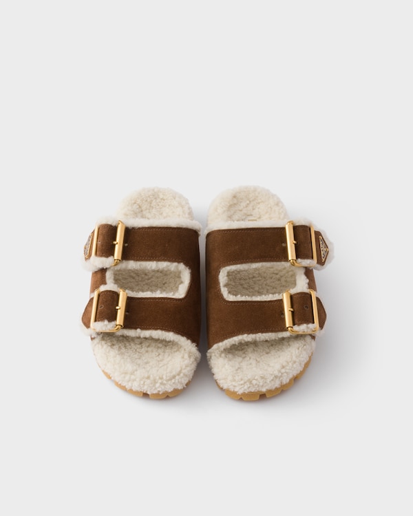 Mules en veau velours et shearling - Marron Cacao Mules en veau velours et shearling - Marron Cacao