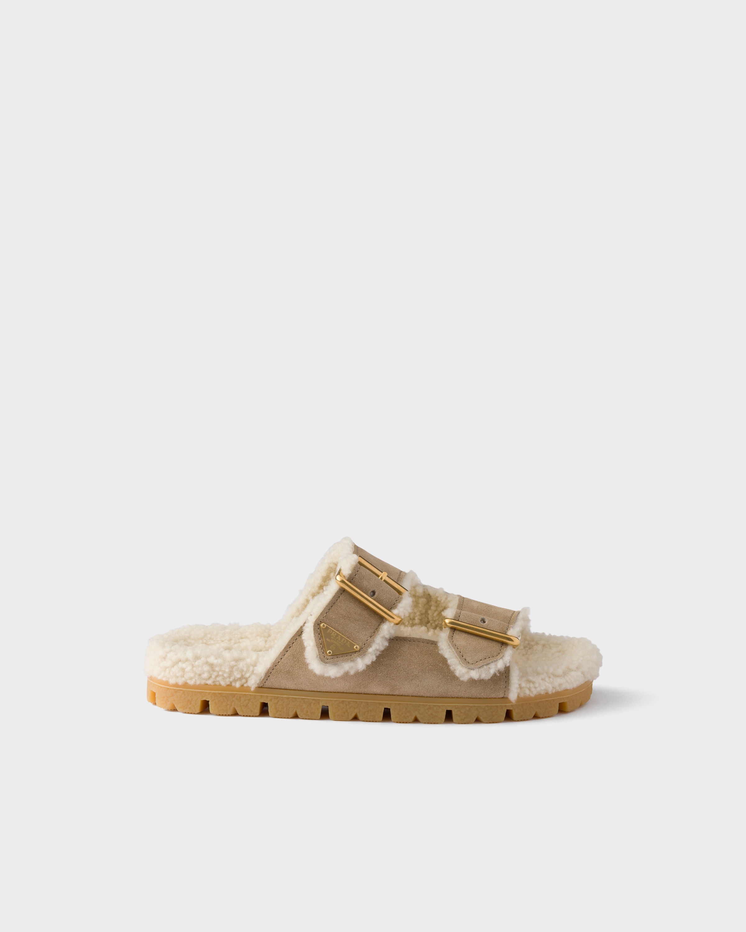 Desert Beige Suede and shearling slides | PRADA - United States