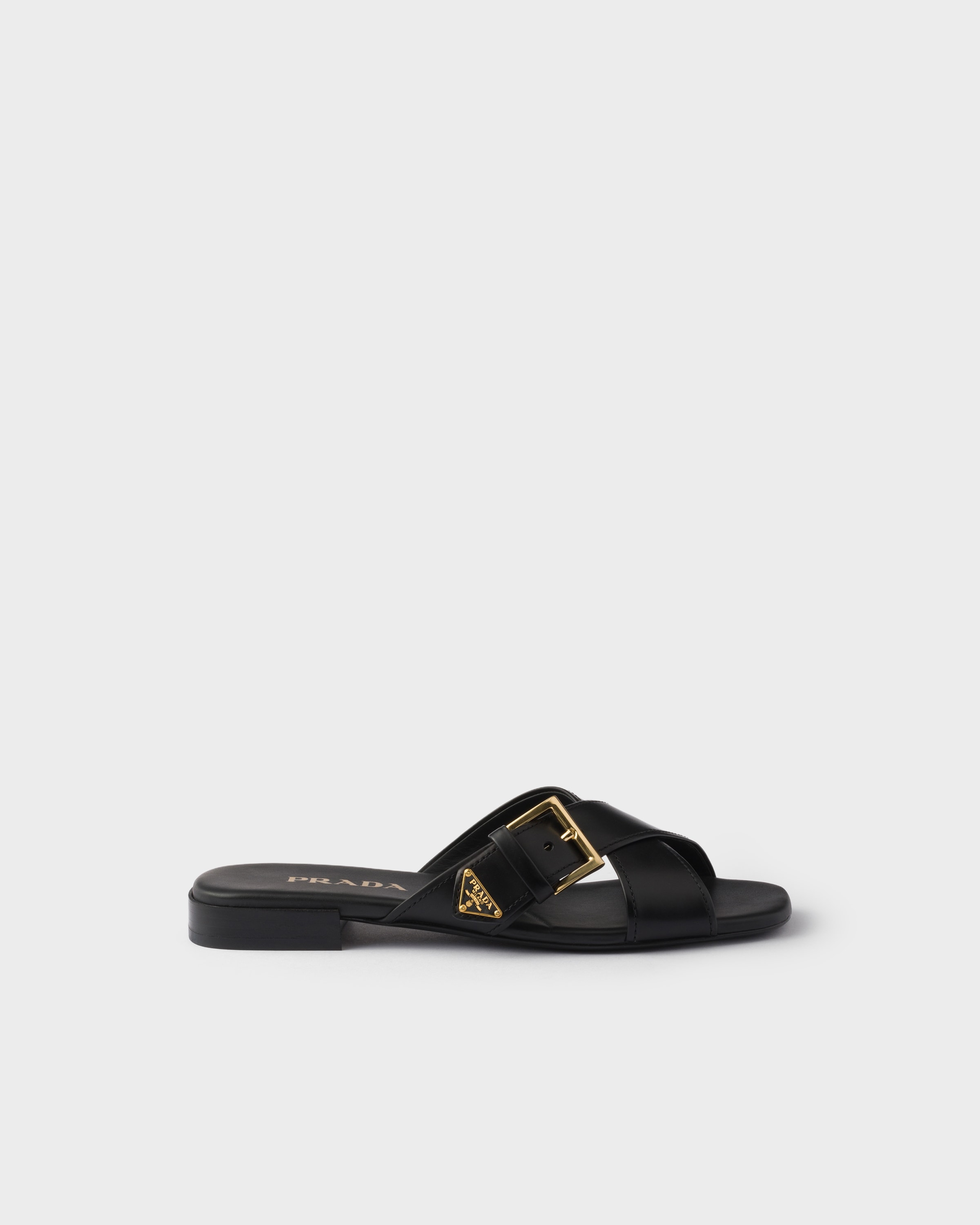 Prada Leather Crisscross Slides With Buckle In Black