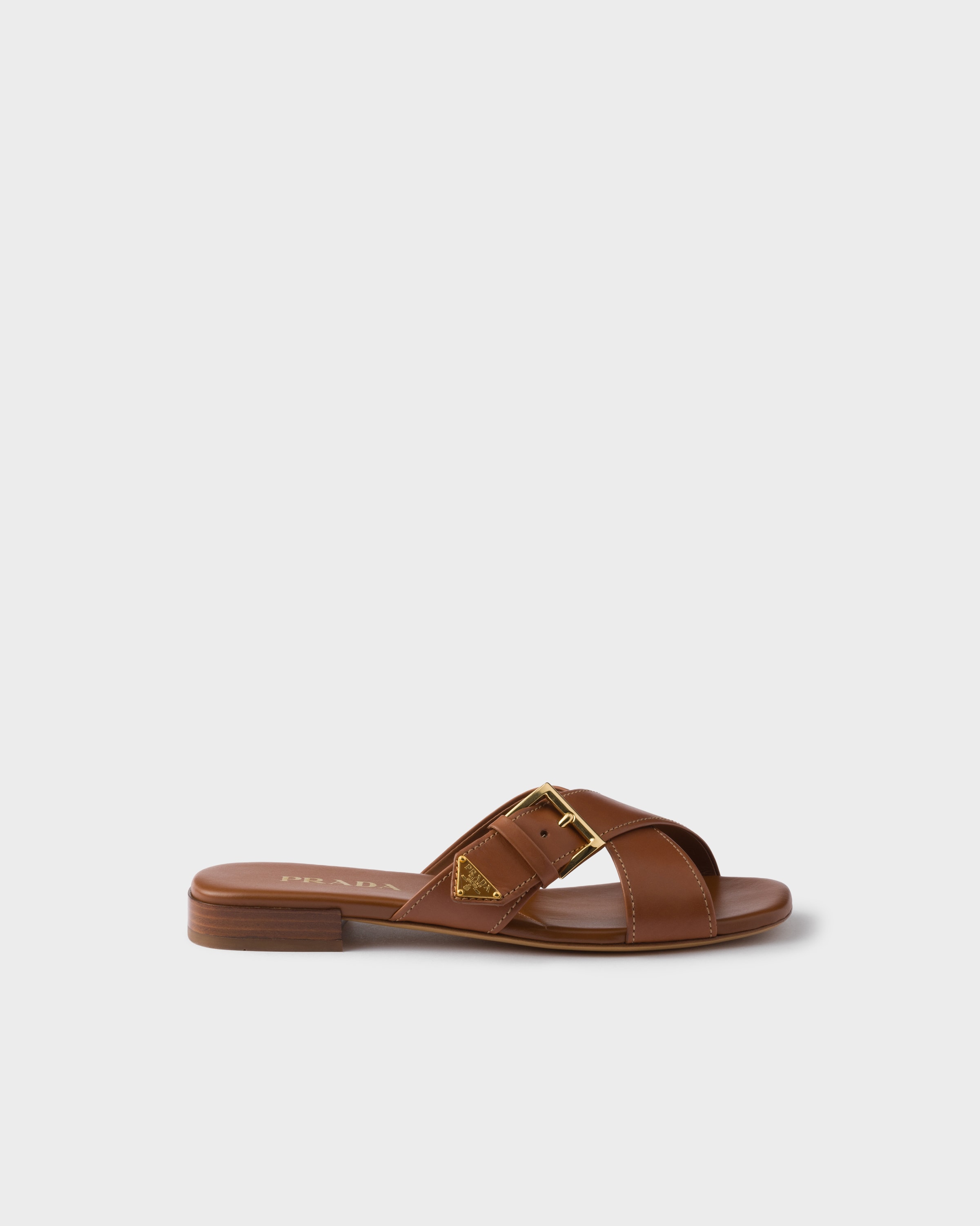 Prada Leather Crisscross Slides With Buckle, Woman, Light Tan, Size 40