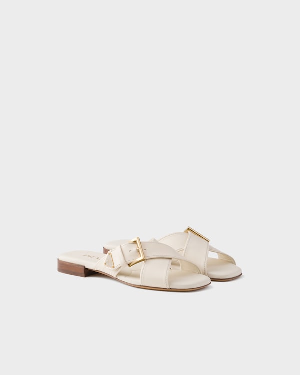 Leather crisscross slides with buckle - Chalk White Leather crisscross slides with buckle - Chalk White