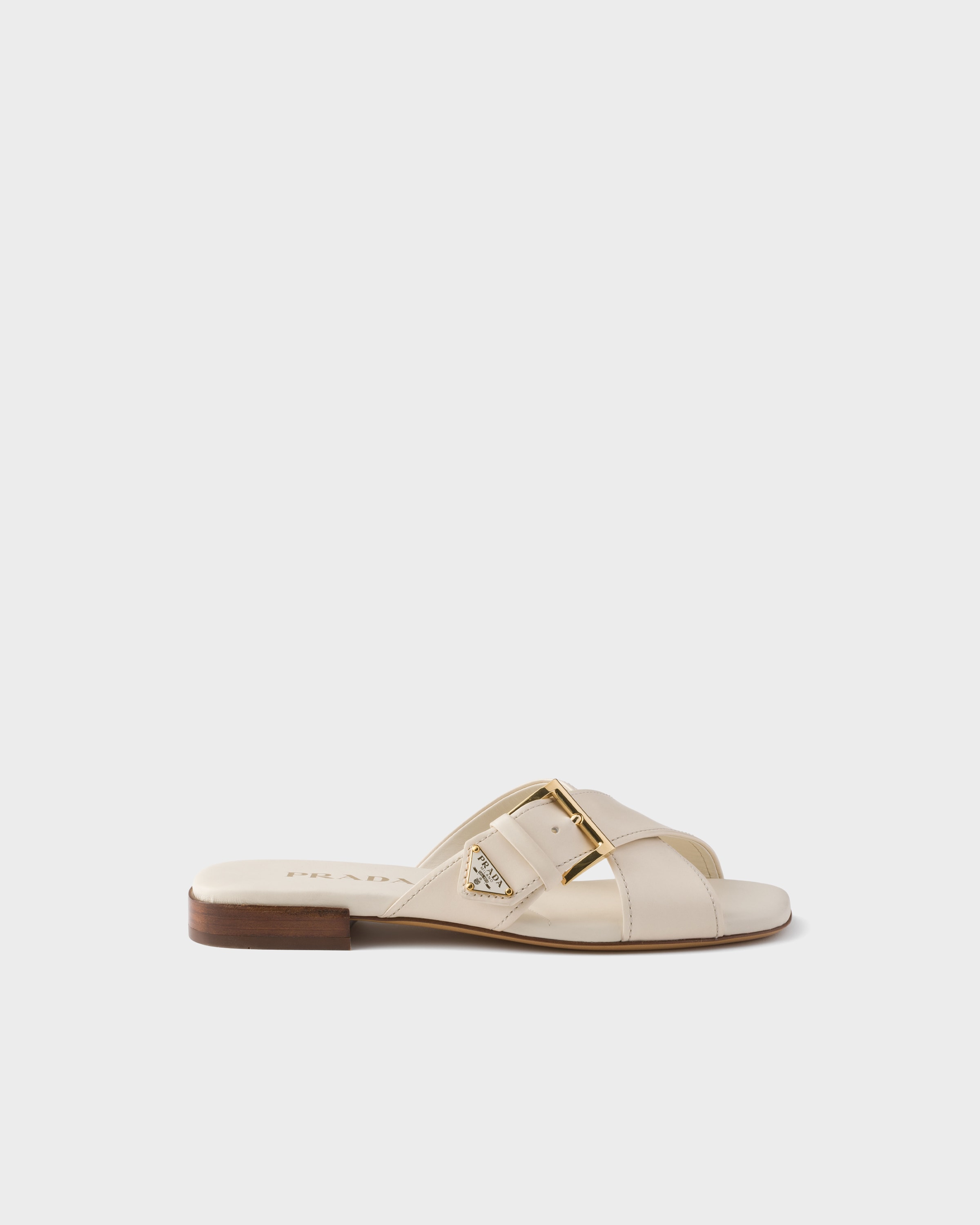 Chalk White Leather Crisscross Slides With Buckle | PRADA - United