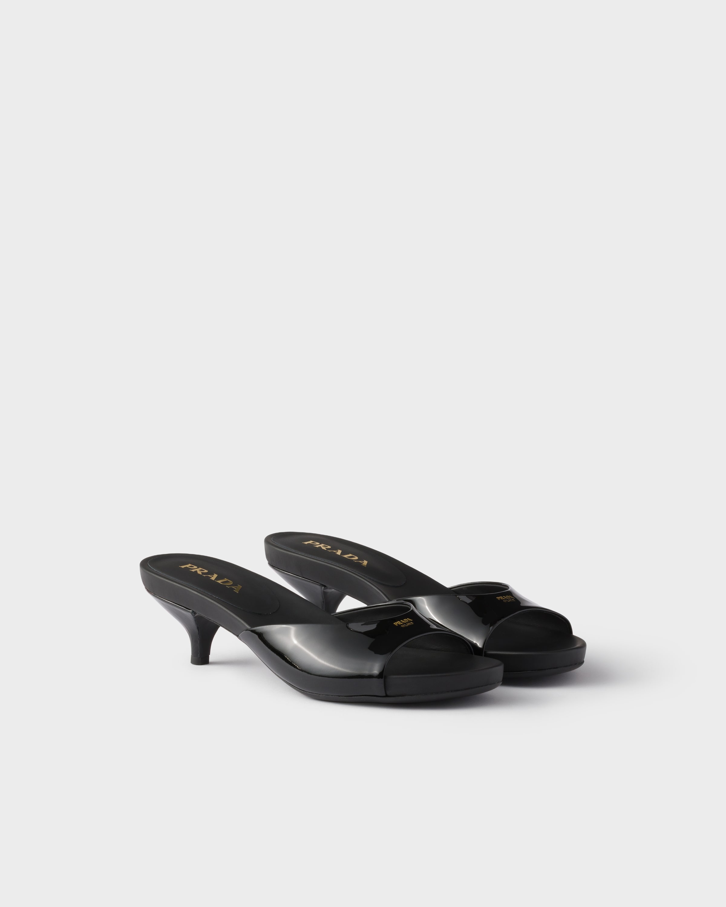 Black Patent Leather Kitten Heel Sandals | PRADA