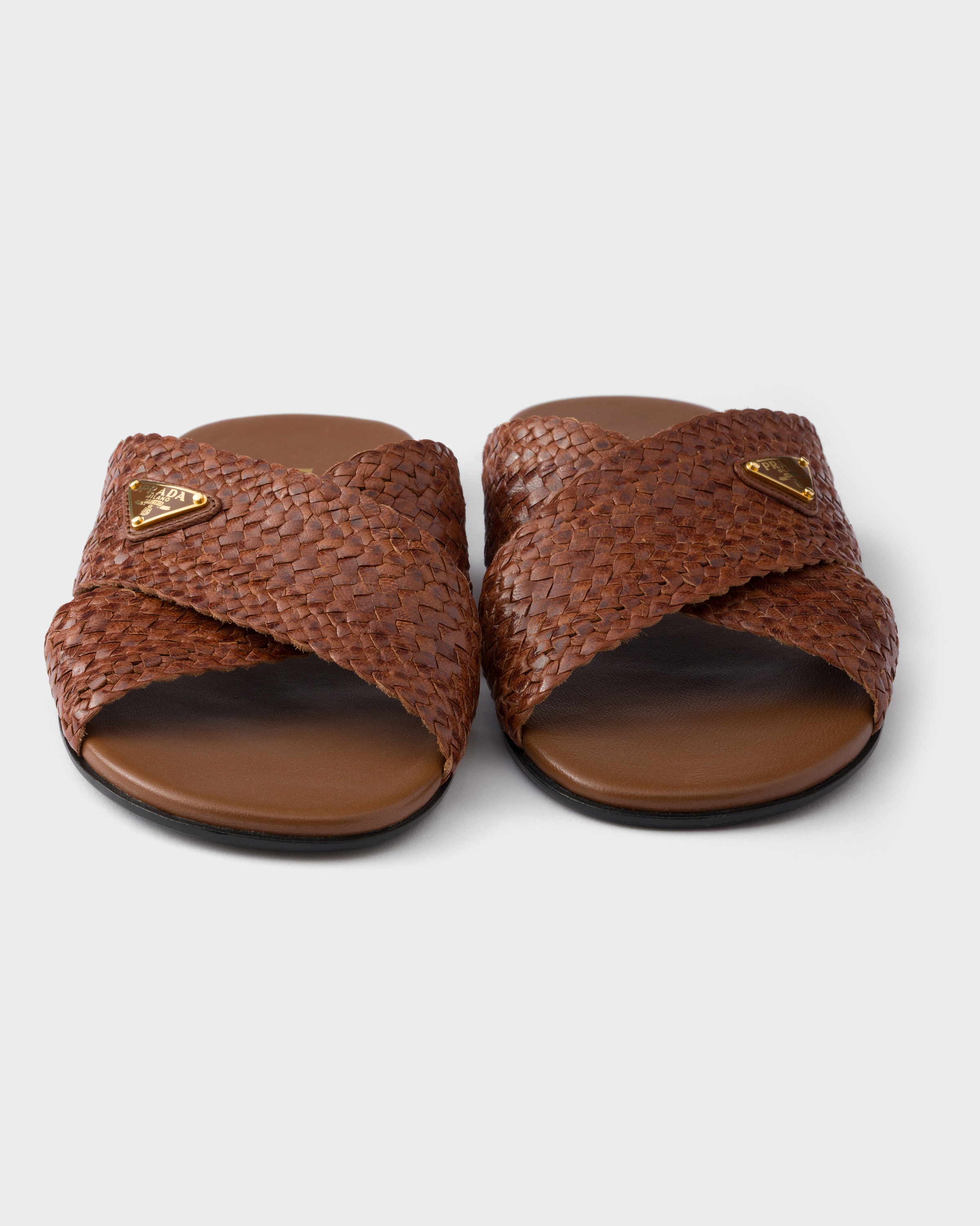 Cognac Leather Crisscross Slides | PRADA - United States