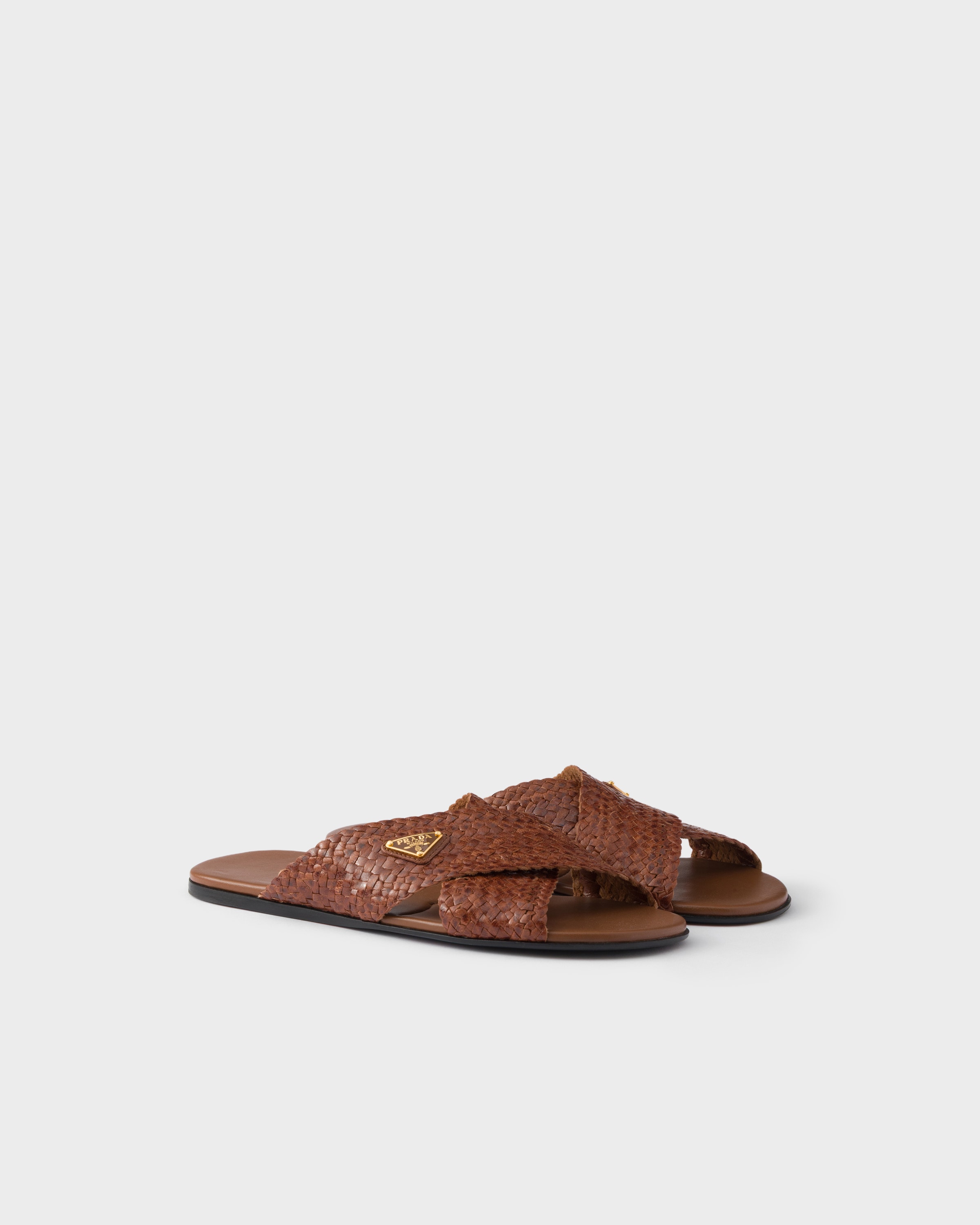 Cognac Leather crisscross slides | PRADA - United States
