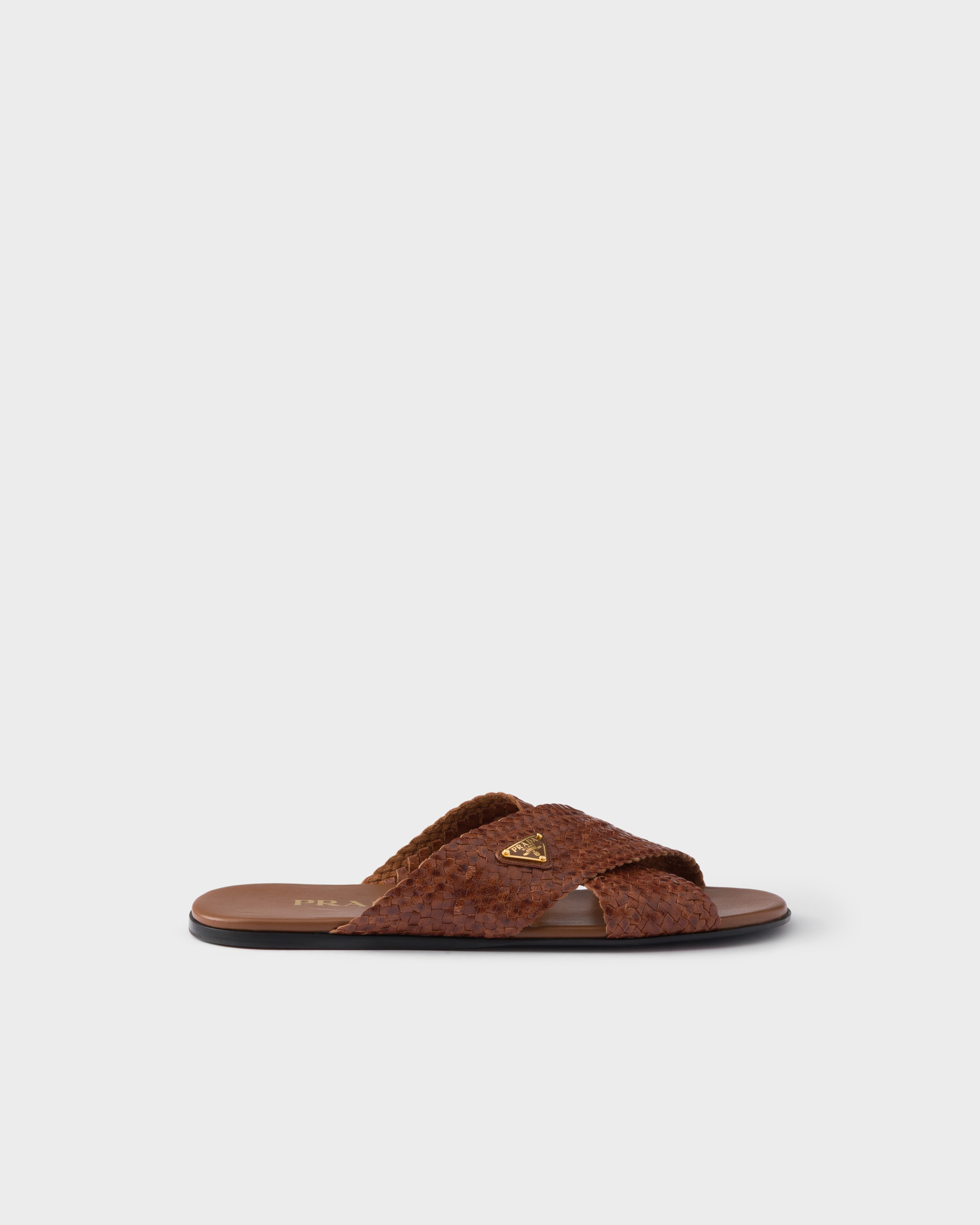 Cognac Leather Crisscross Slides | PRADA - United States